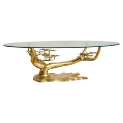 Belgian Brass Bonsai Coffee Table with Oval Glass Top by Willy Daro, 1970s