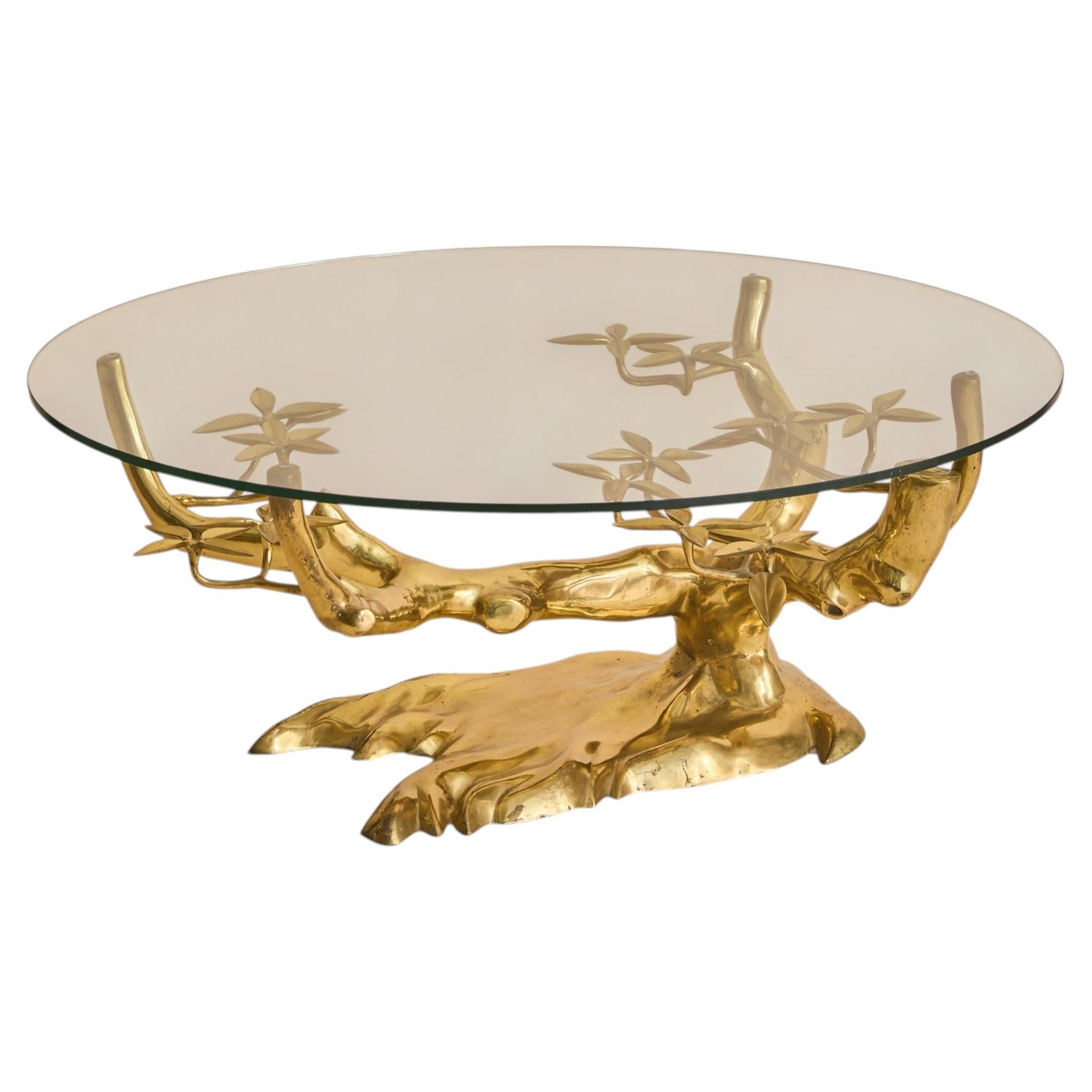 Belgian Brass Bonsai Round Glass Top Coffee Table by Willy Daro No. 01, 1970s