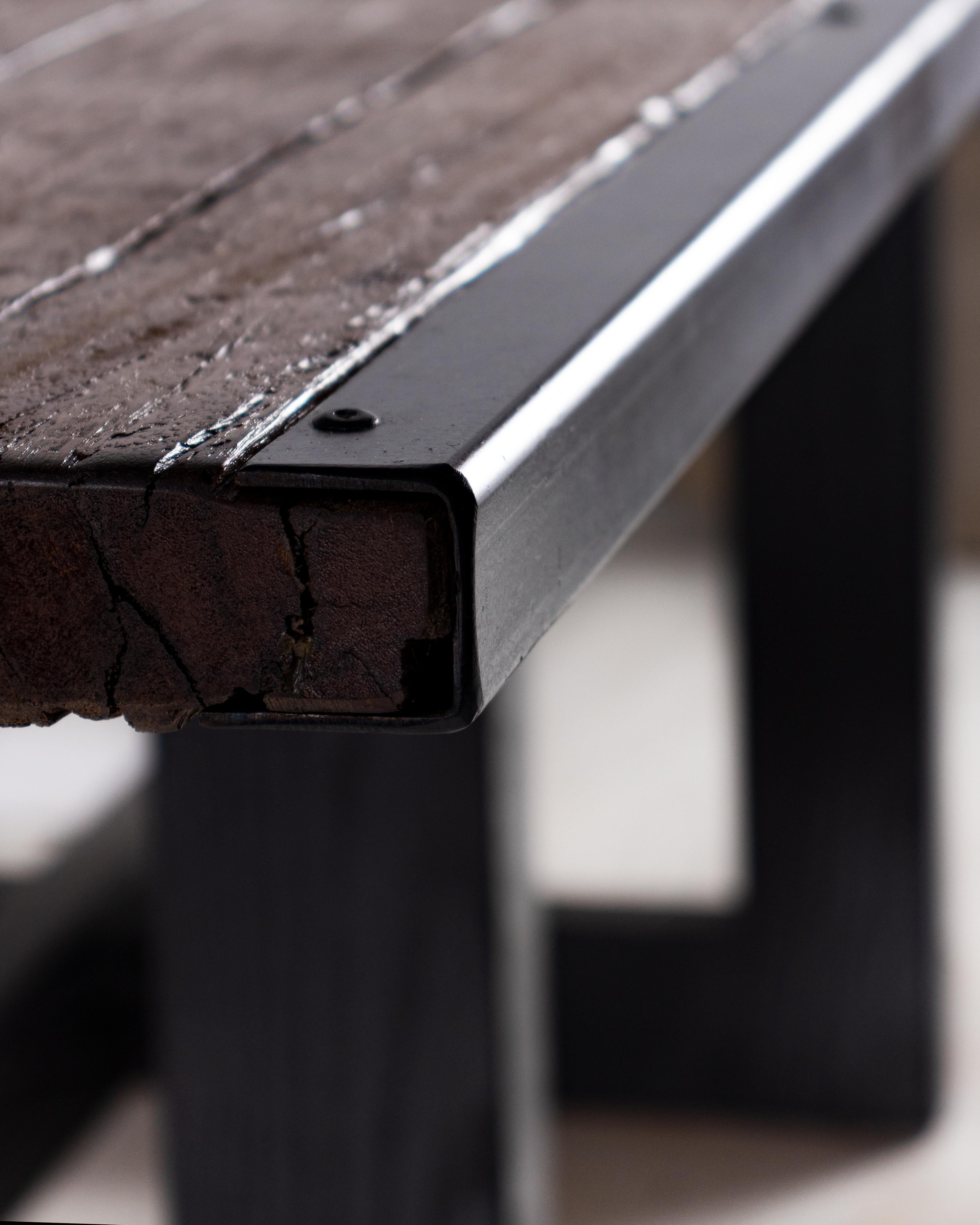 European Belgian Brick Baking Pallet Dining Table, with a Patinated Geometric Ebony Base