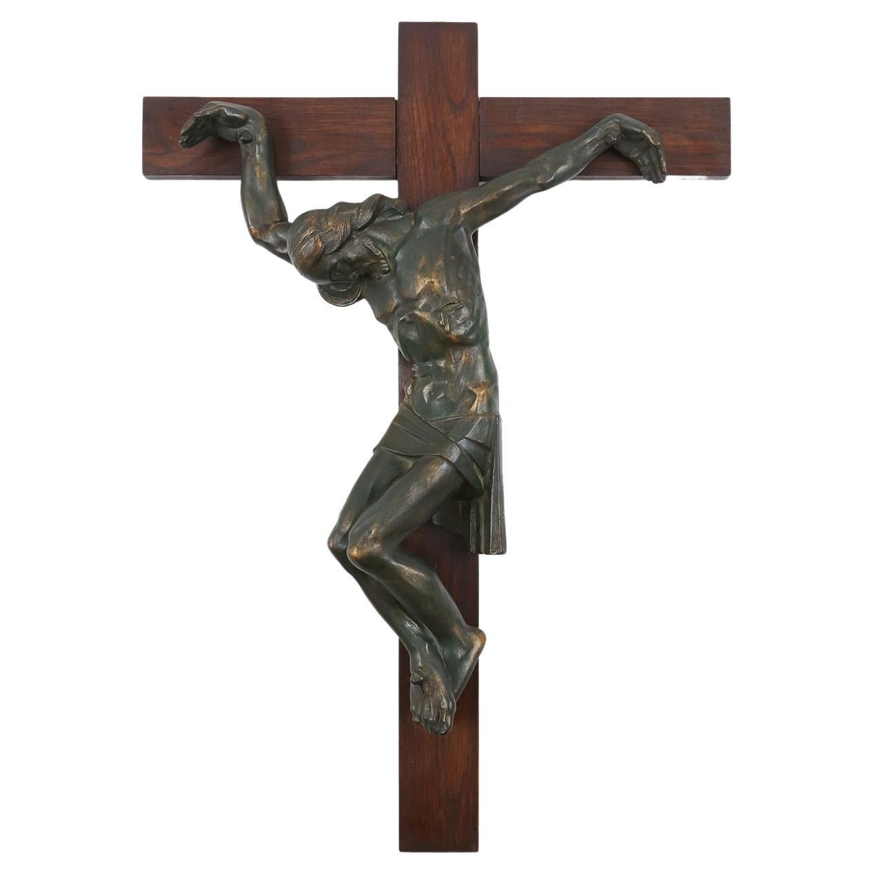 Large Gilt Wall Crucifix, Glazed Ceramic, Handmade, Belgium For Sale at