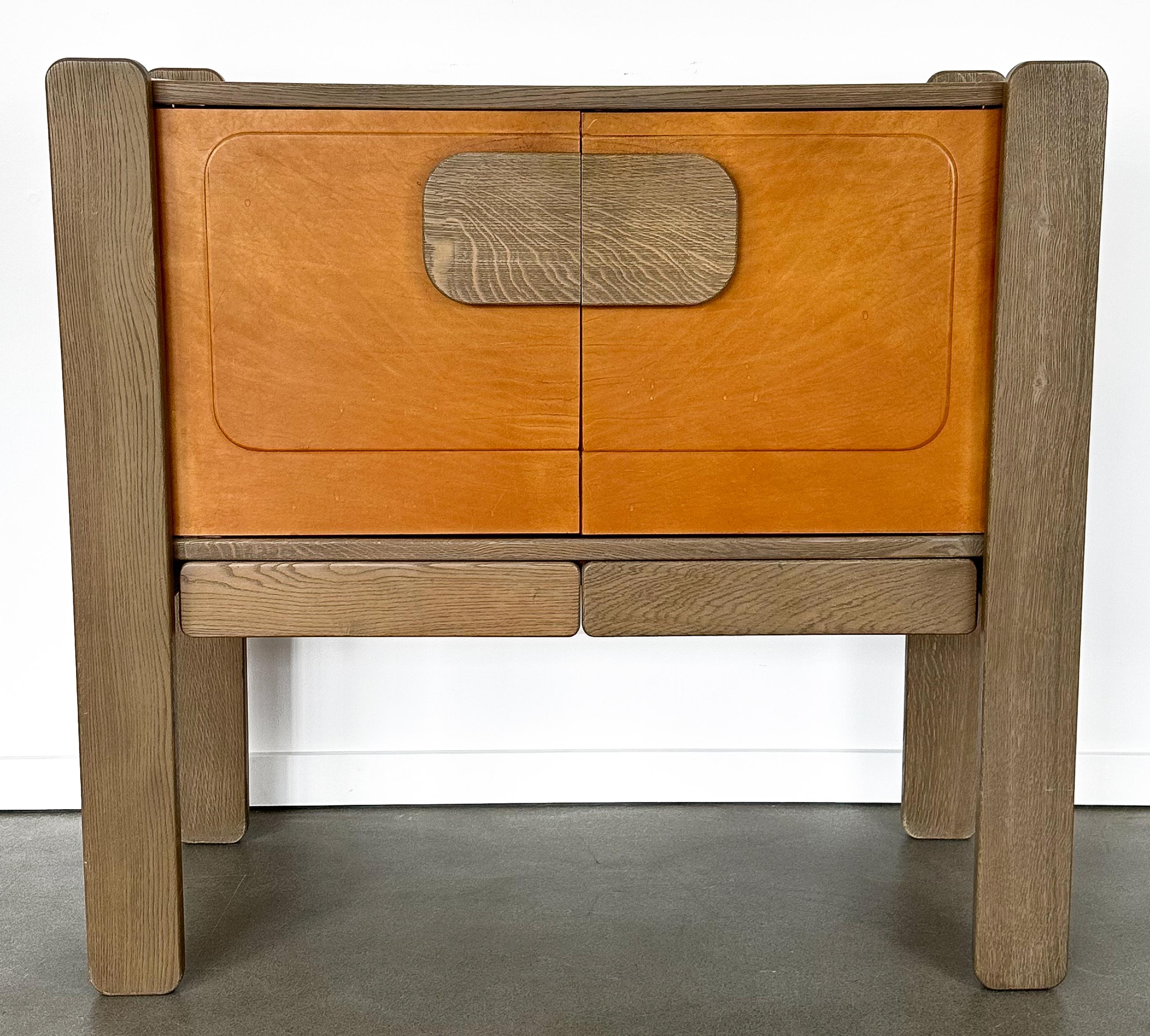 Mid-Century Modern Belgian Brutalist Leather Front 2 Door Cabinet