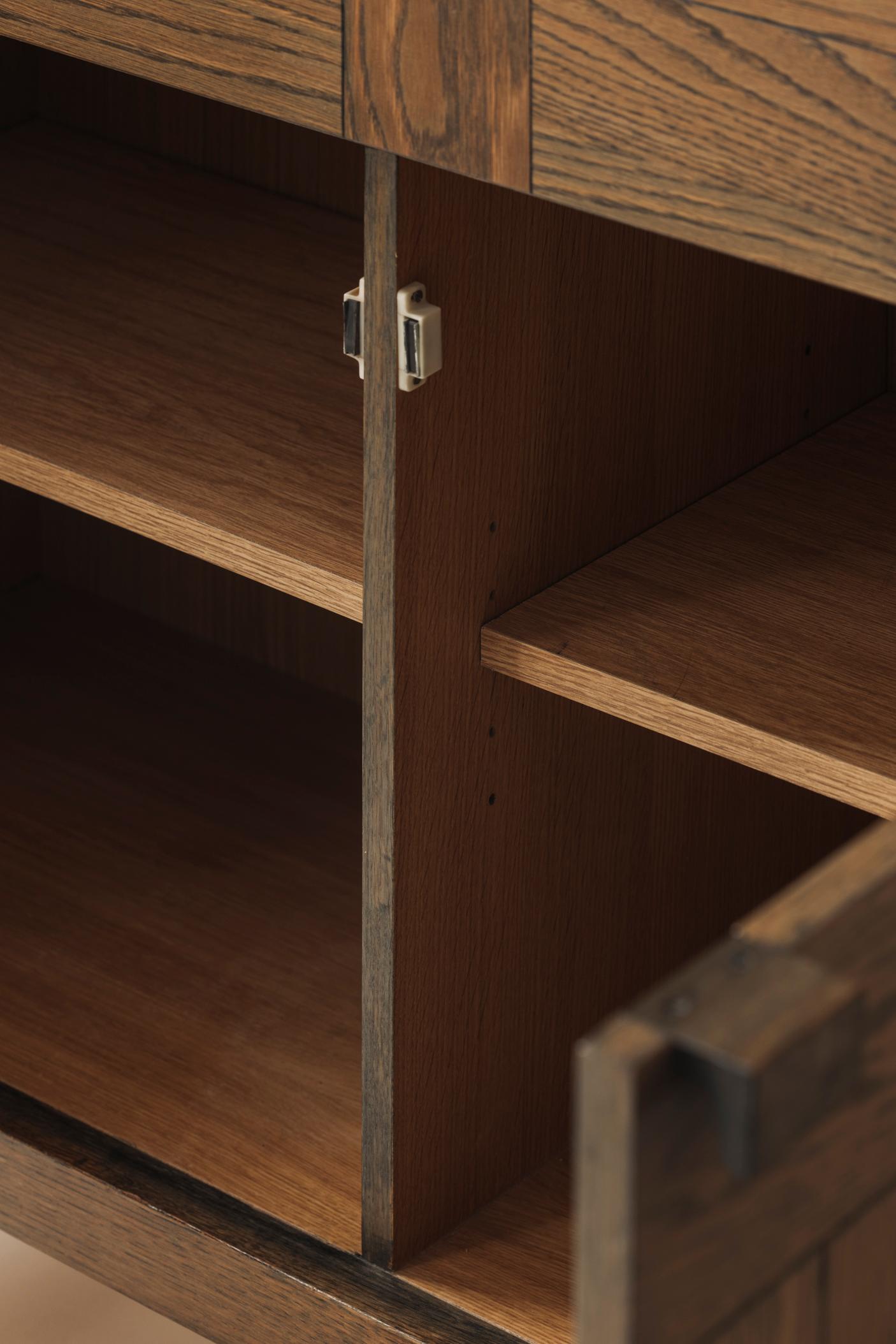 Oak Belgian Brutalist “Modena” highboard with graphical doors by Frans Defour, 1970s For Sale