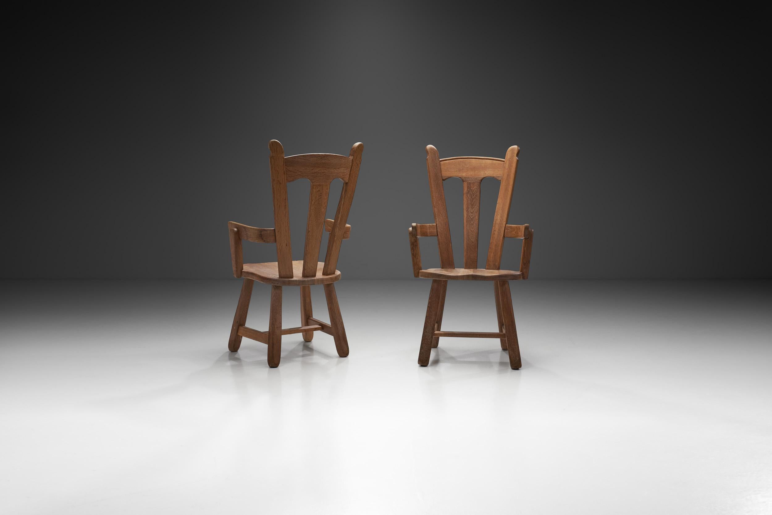 Mid-Century Modern Belgian Brutalist Oak Pair of Chairs, Belgium, 1970s