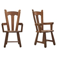 Belgian Brutalist Oak Pair of Chairs, Belgium, 1970s