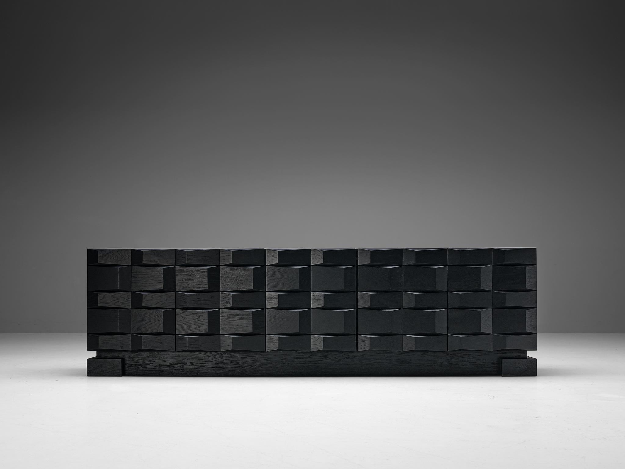 Late 20th Century Belgian Brutalist Sideboard in Black Lacquered Oak