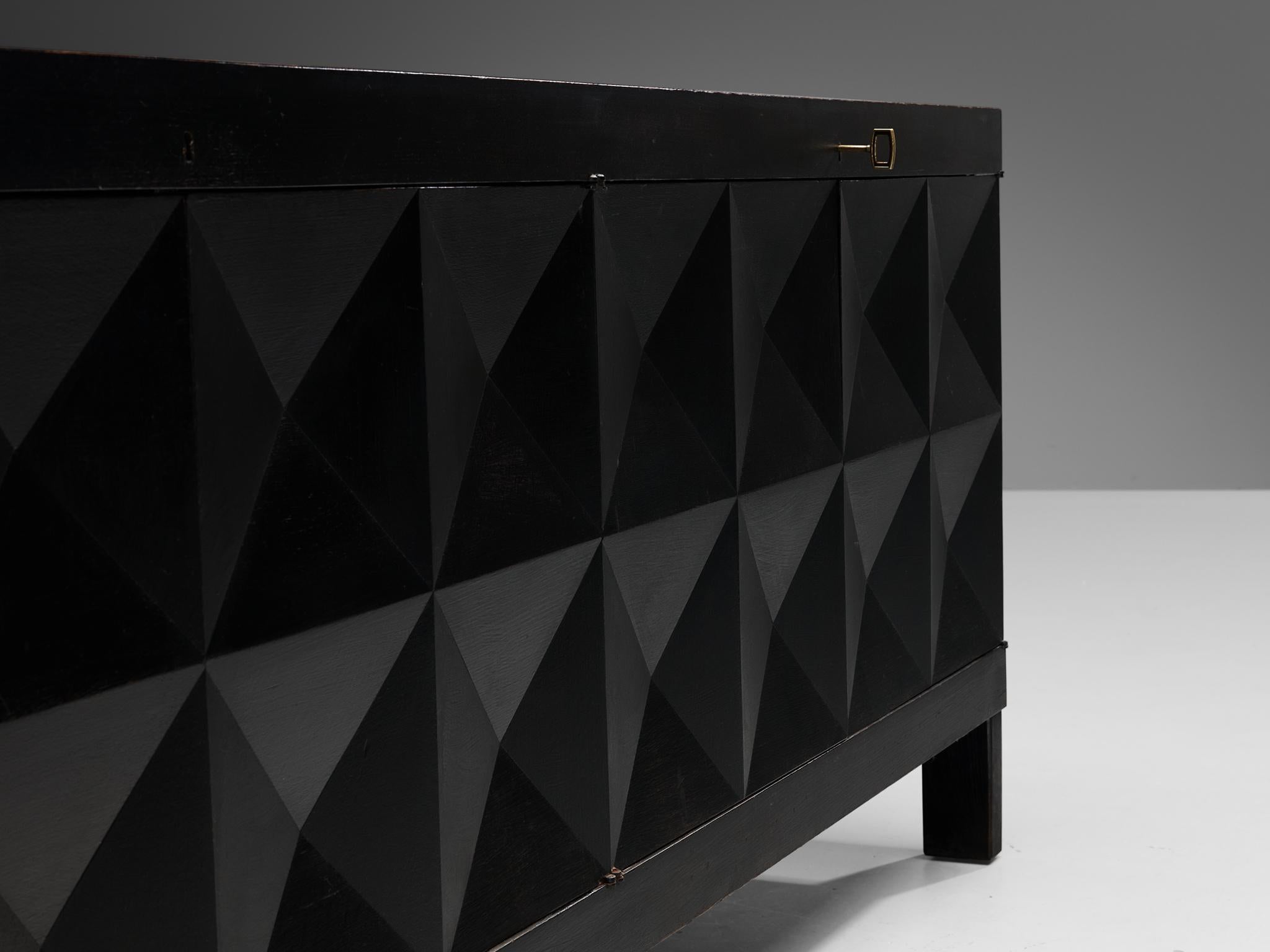 Brass Belgian Brutalist Sideboard in Black Lacquered Oak For Sale