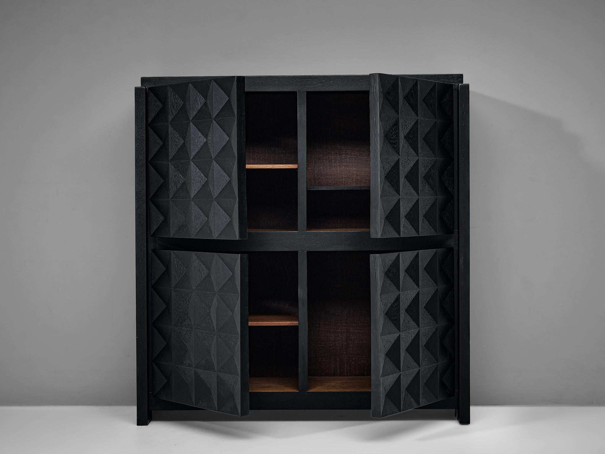 Metal Belgian Brutalist Sideboard in Black Lacquered Oak with Graphical Doors  For Sale
