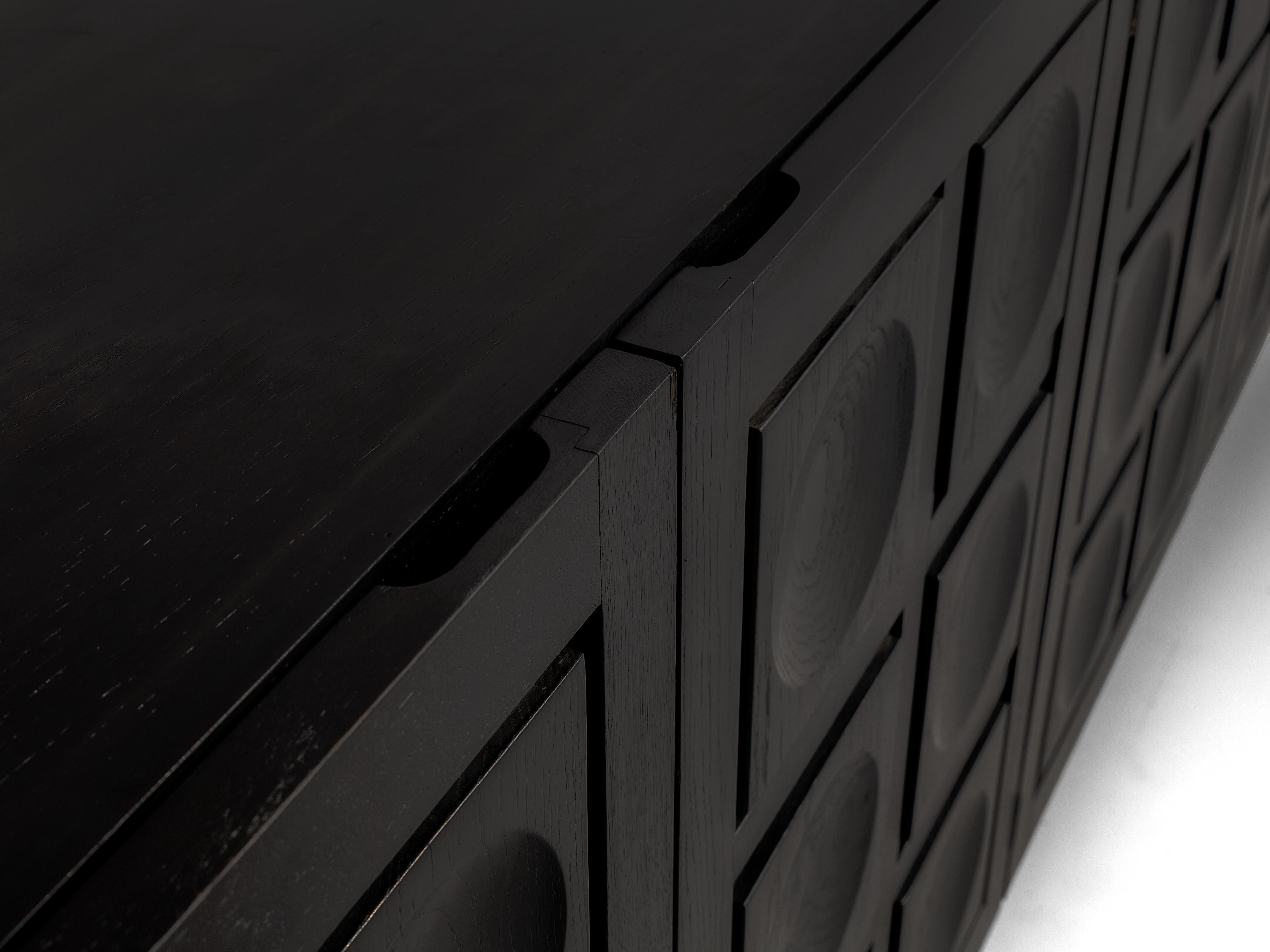 Late 20th Century Belgian Brutalist Sideboard in Black Lacquered Oak with Graphical Doors