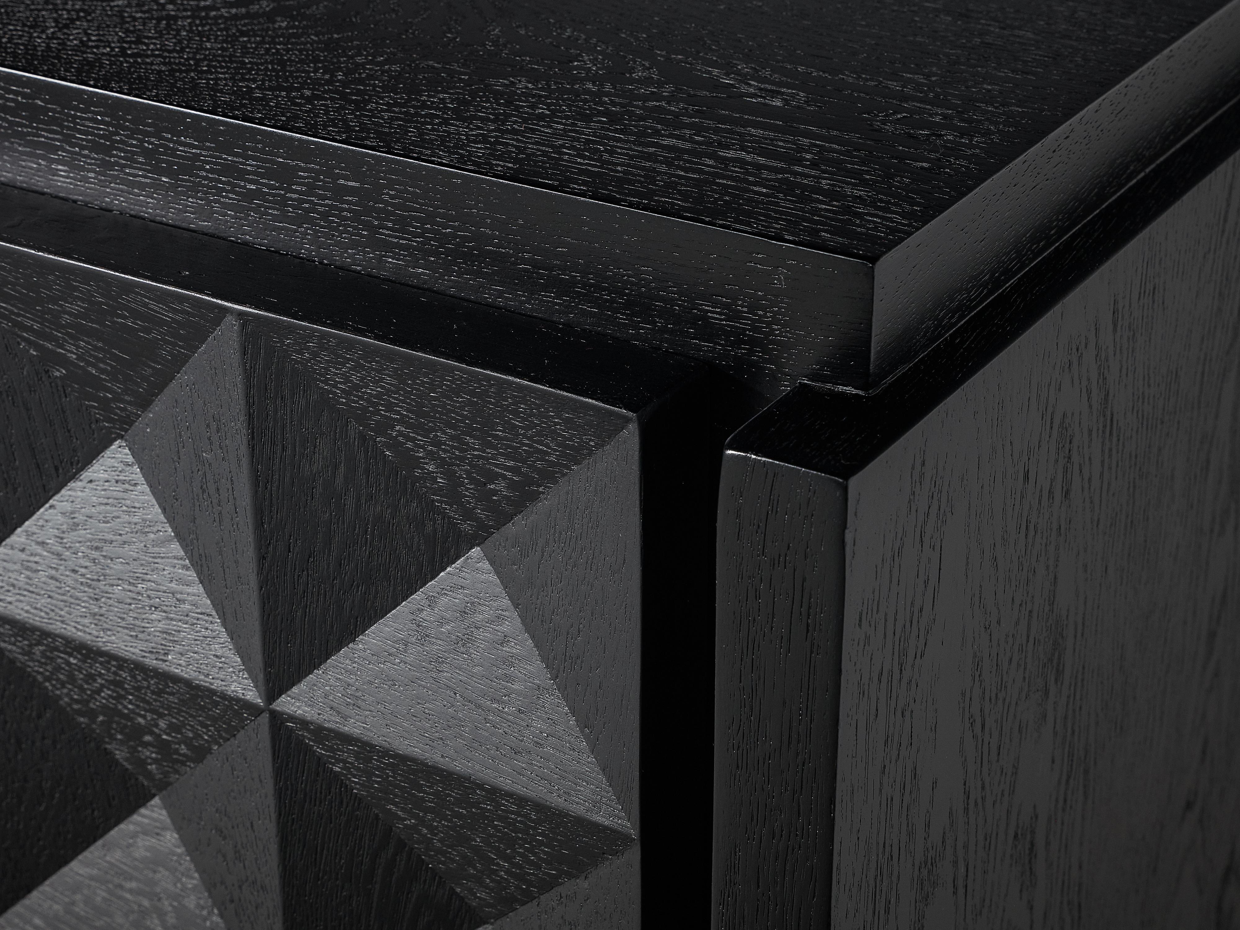 Metal Belgian Brutalist Sideboard in Black Lacquered Oak with Graphical Doors