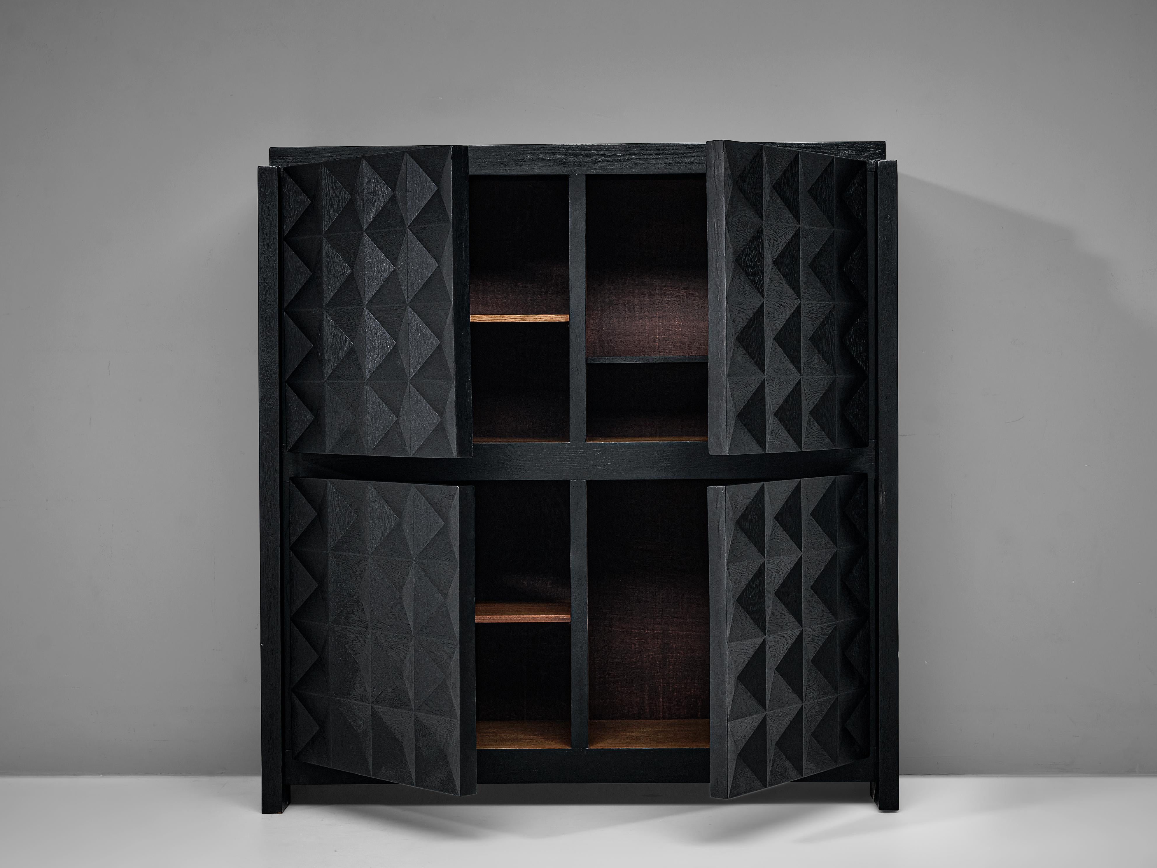 Belgian Brutalist Sideboard in Black Lacquered Oak with Graphical Doors 1