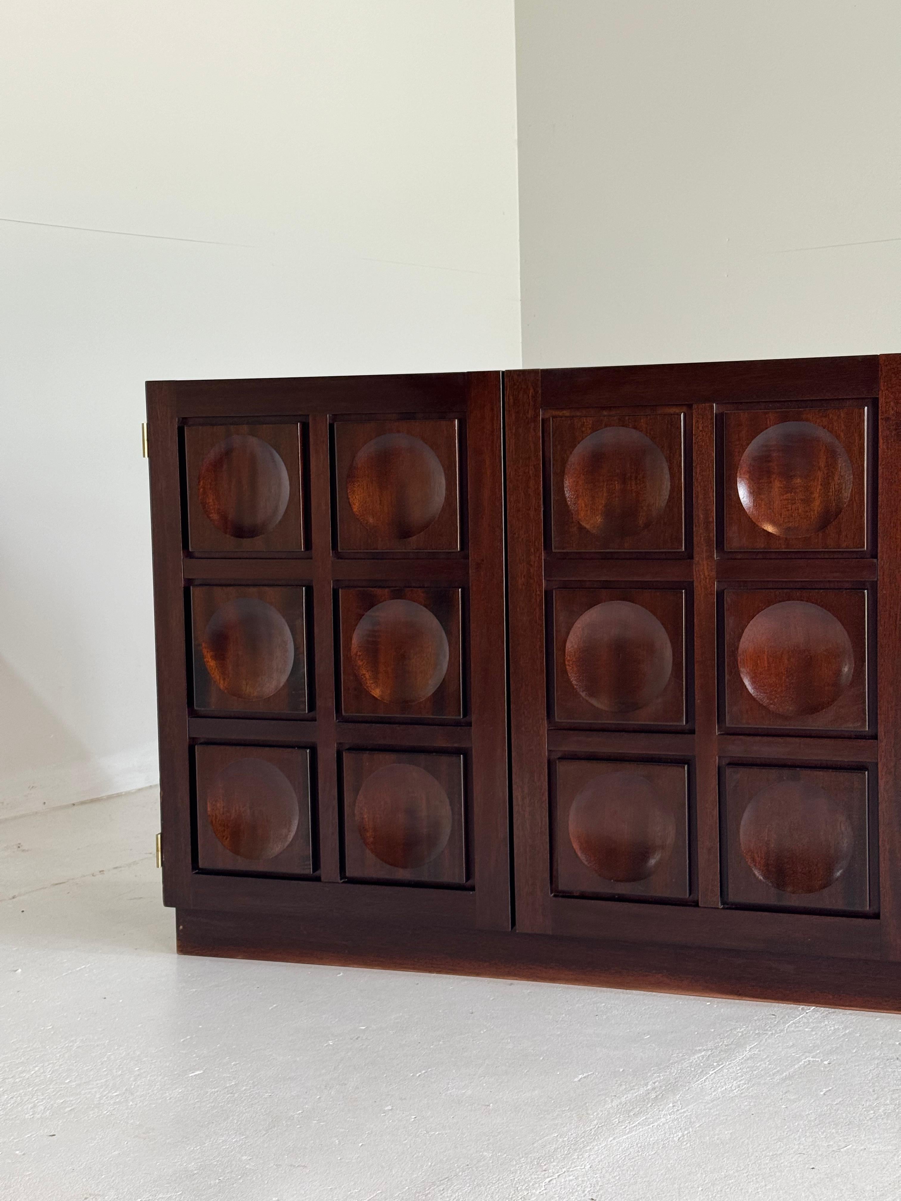 Brass Belgian Brutalist Sideboard in Stained Mahogany For Sale