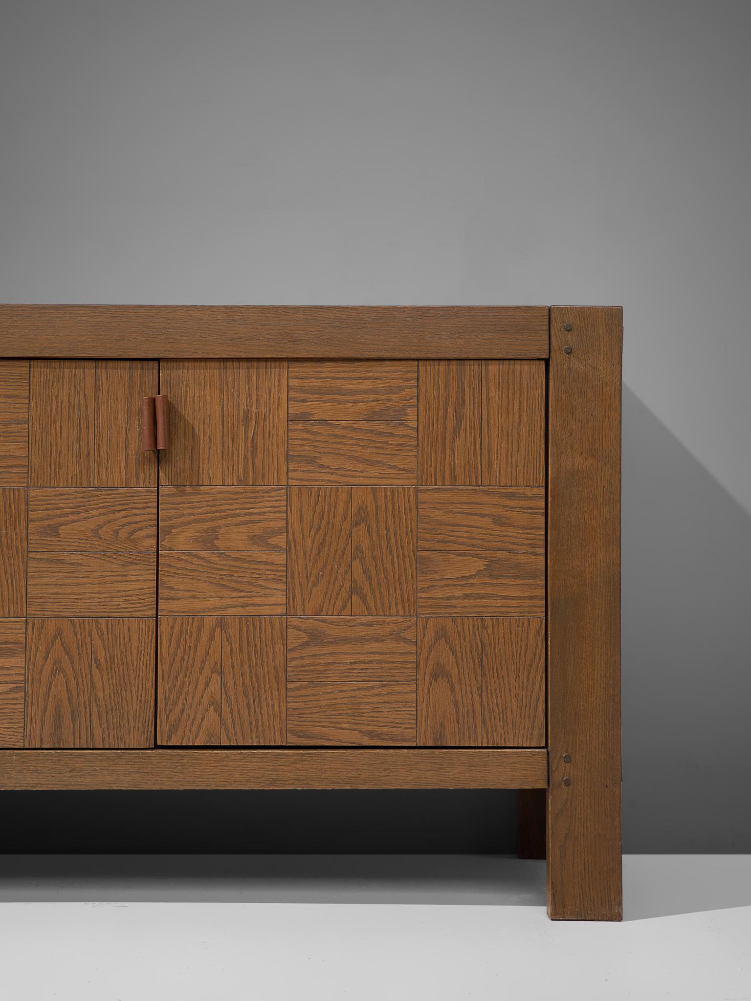 Leather Belgian Brutalist Sideboard in Stained Oak