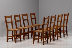 Belgian Brutalist Solid Oak High-Back Dining Chairs, Rush Seats, Set of 8, 1950s