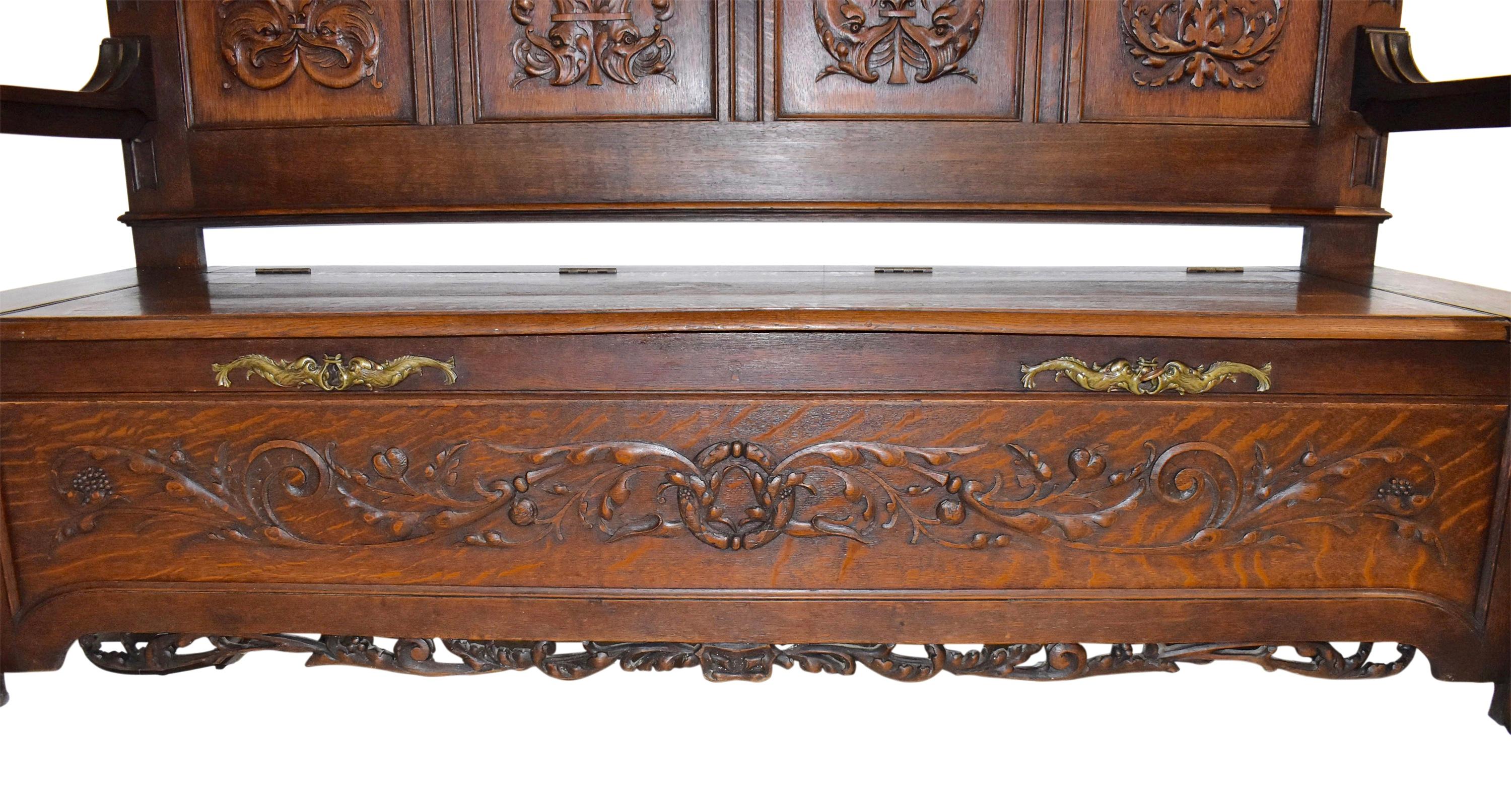 Belgian Carved Oak High Back Bench with Storage, circa 1890 For Sale 4
