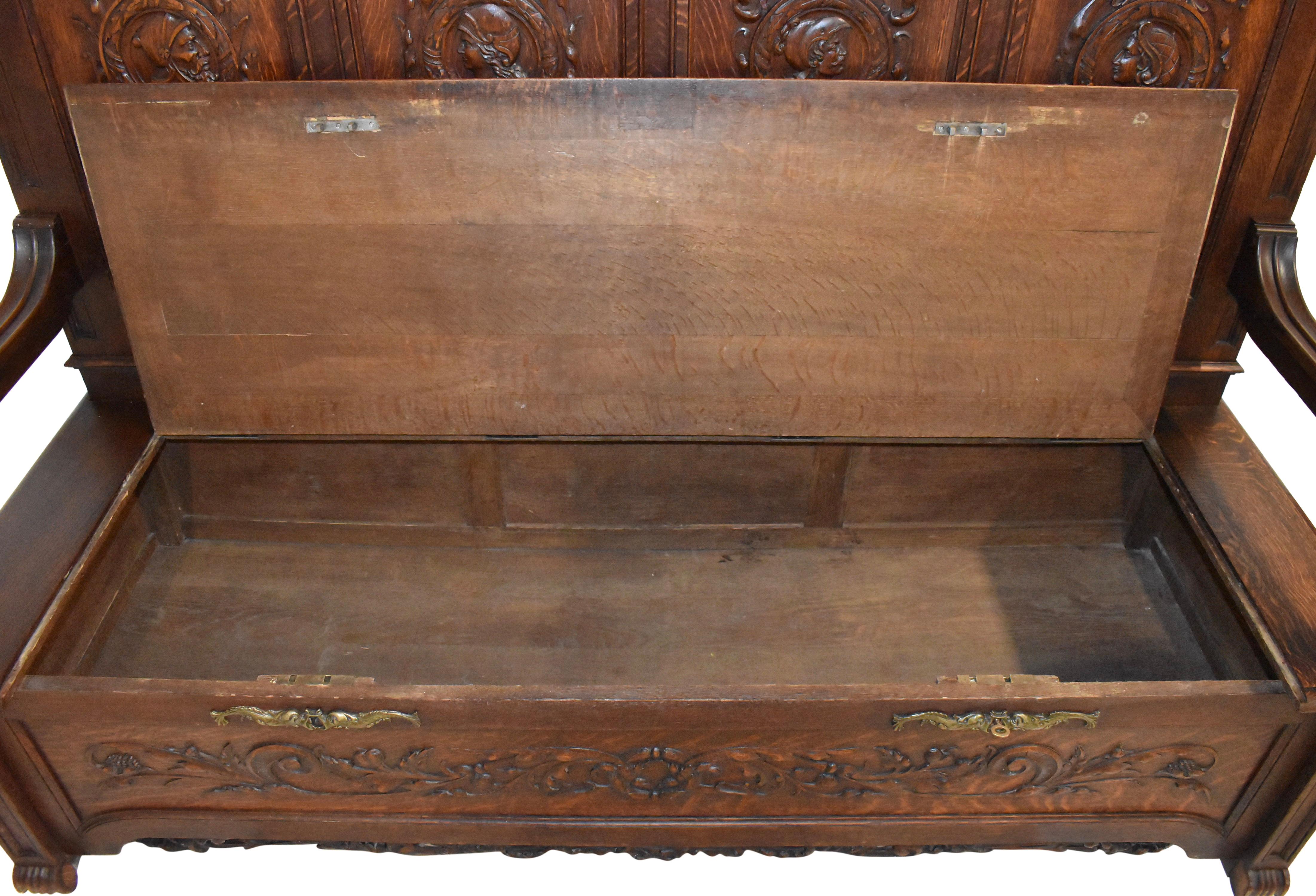 Belgian Carved Oak High Back Bench with Storage, circa 1890 For Sale 6