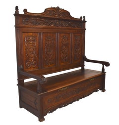 Belgian Carved Oak High Back Bench with Storage, circa 1890