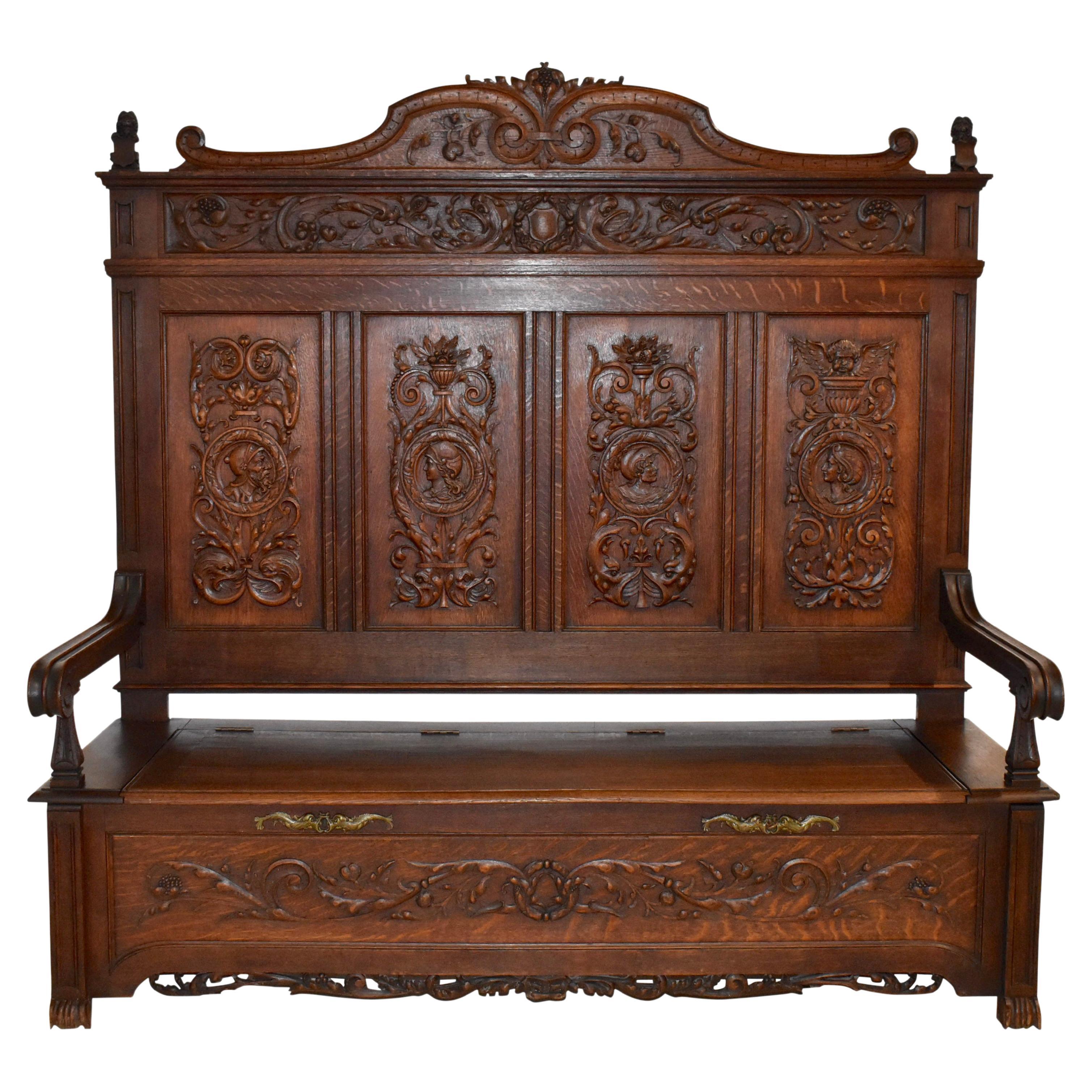 Belgian Carved Oak High Back Bench with Storage, circa 1890 For Sale