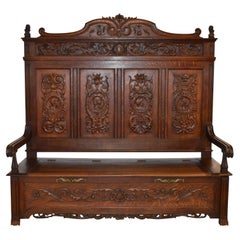 Belgian Carved Oak High Back Bench with Storage, circa 1890