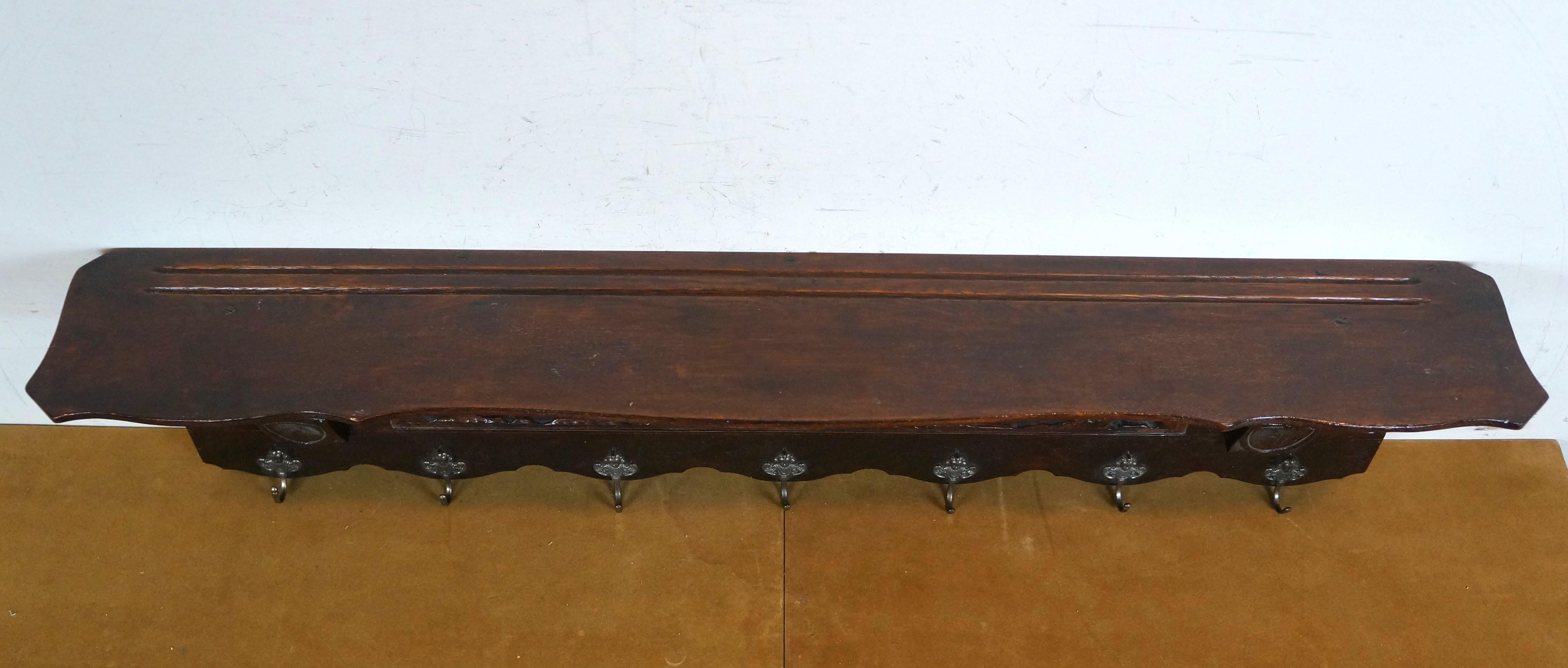Appendiabiti da parete in Oak Oak intagliato belga, scaffale per cappotti e appendiabiti 43