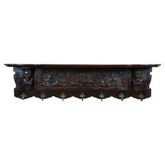 Belgian Carved Oak Wall Hanger Hall Shelf Coat Tree Hat Rack 43"