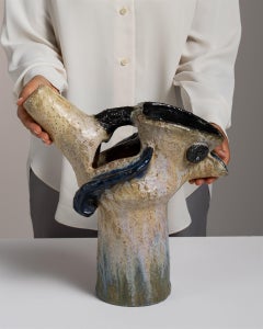 Belgian Ceramic Jar, Cream with Dark Blue-Black Drip Glaze, 1960s