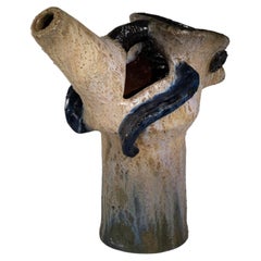 Belgian Ceramic Jar, Cream with Dark Blue-Black Drip Glaze, 1960s