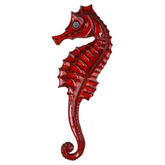 Belgian ceramic red Seahorse Plaque by André Bayer, 1960s