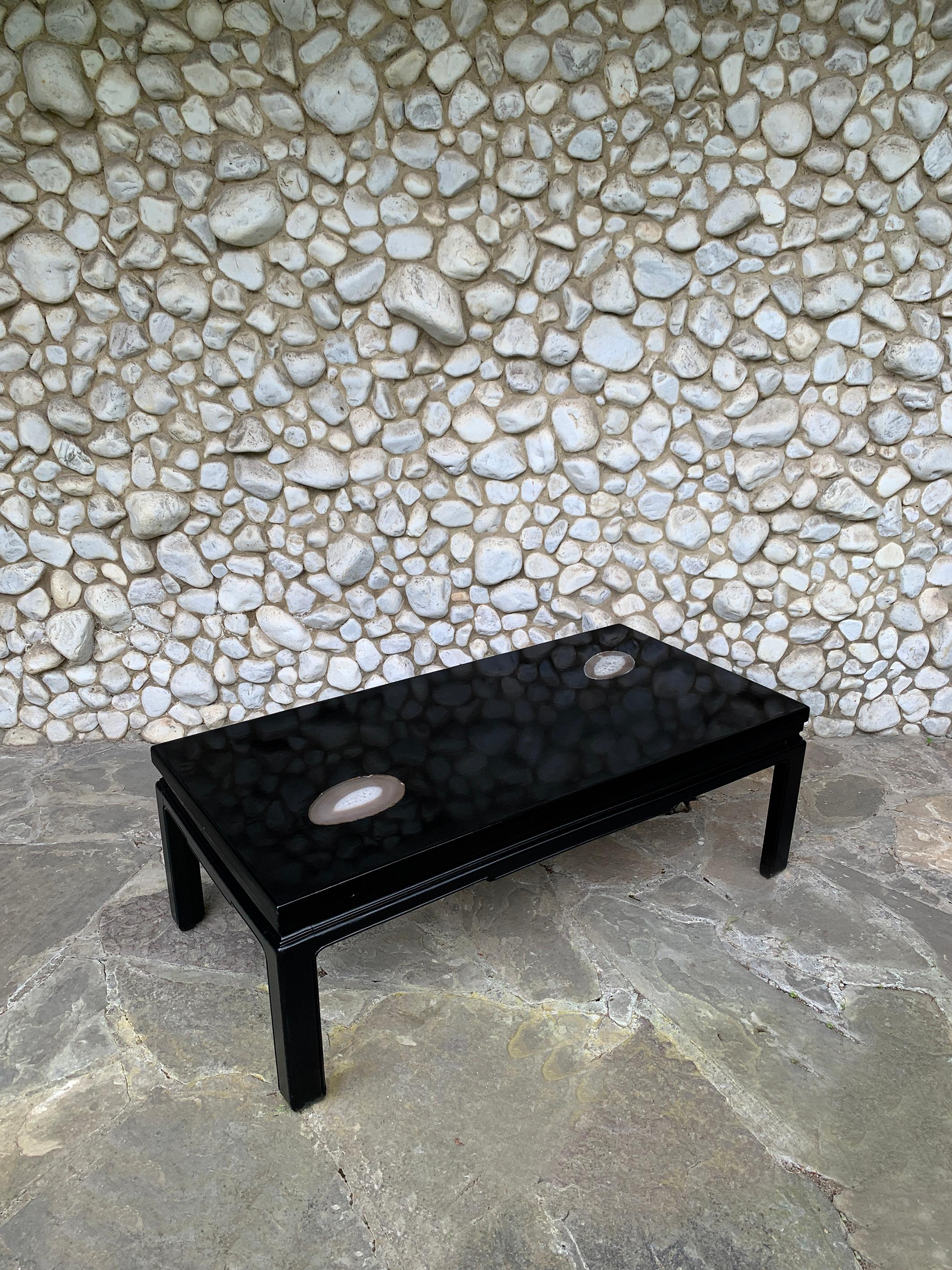 Belgian Coffee Table in Black Resin and Agate Stones, 1970s For Sale 2