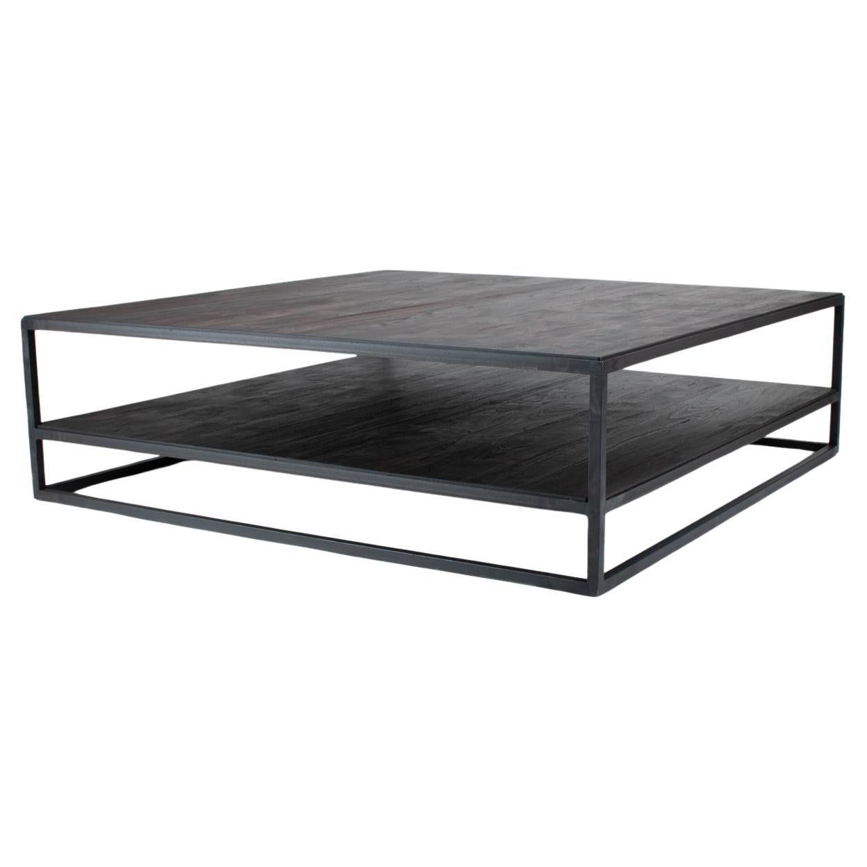 Mesa de Centro Belga con Teca en Carbón y Acero en Dos Niveles En Stock en venta