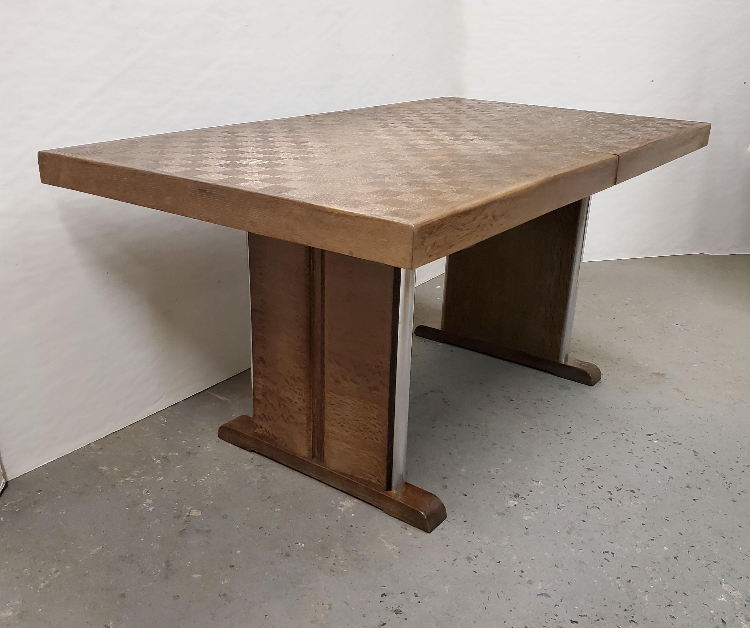 Brutalist Belgian Constructivist Inlaid Dining Table with Two Leaves For Sale
