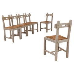 Vintage Belgian Country Bleached Oak Dining Chairs, Set of Six 
