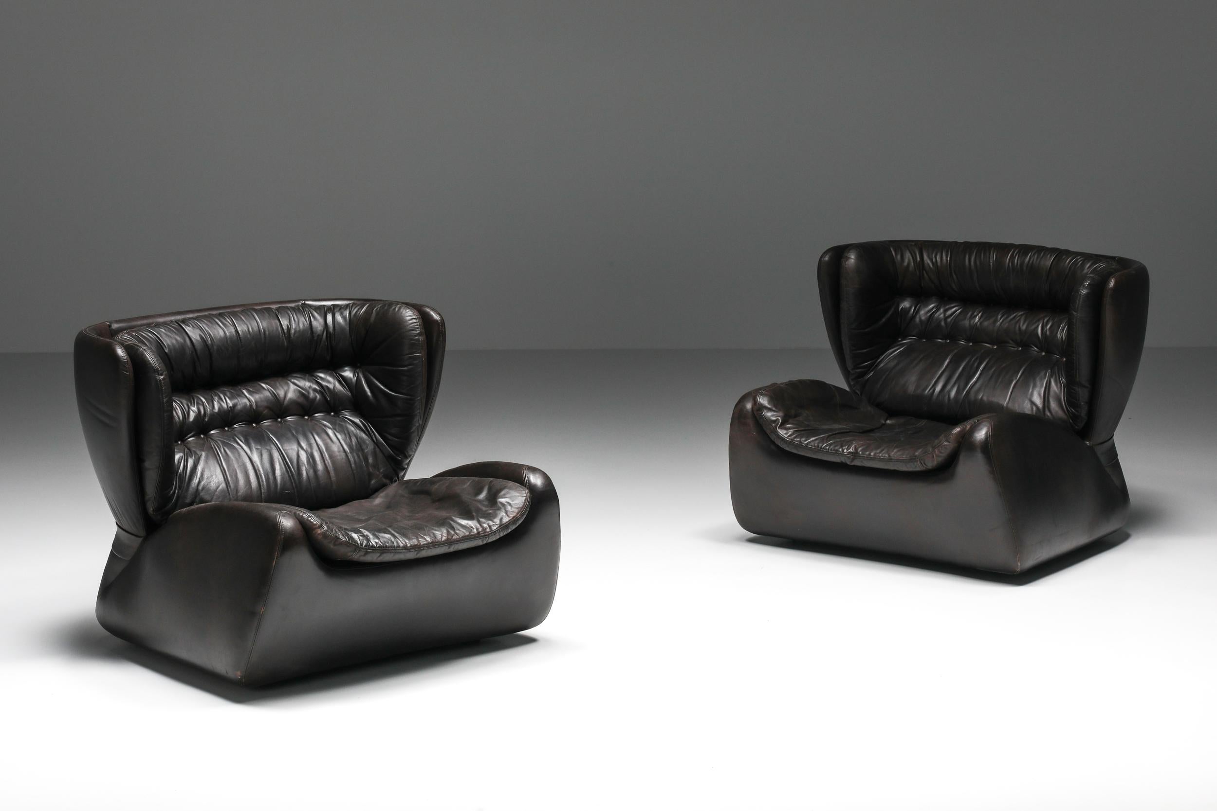 Post-Modern Belgian Design, Dark Brown 'Pasha' Lounge Chairs by Durlet, 1970's For Sale