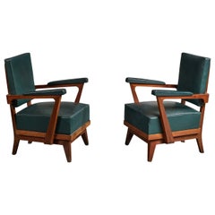 Belgian Designer, Lounge Chairs, Wood, Vinyl, Belgium, 1950s