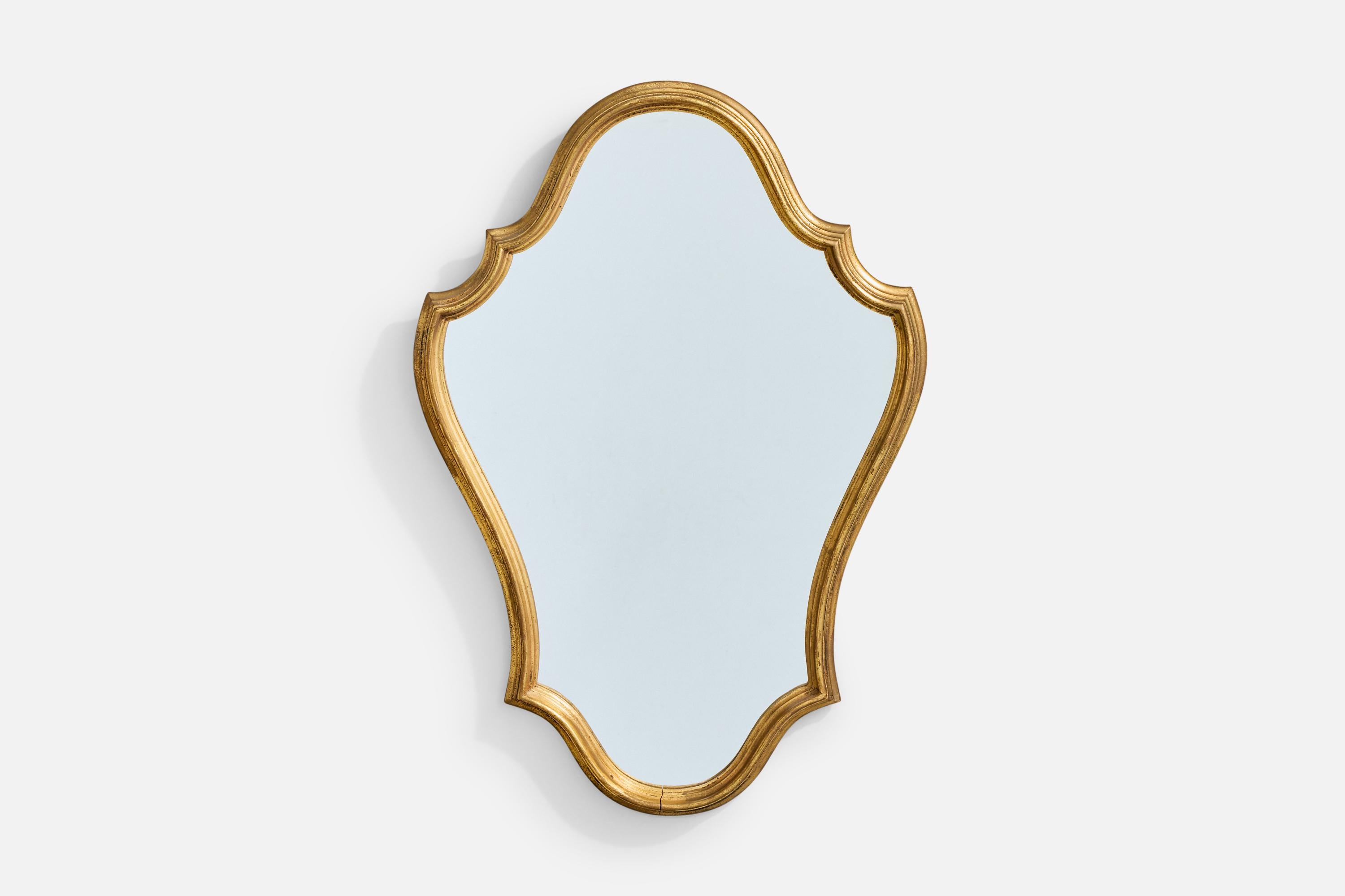 A gold-painted wood wall mirror likely designed and produced in Belgium, c. 1970s.

Overall Dimensions (inches): 29.25