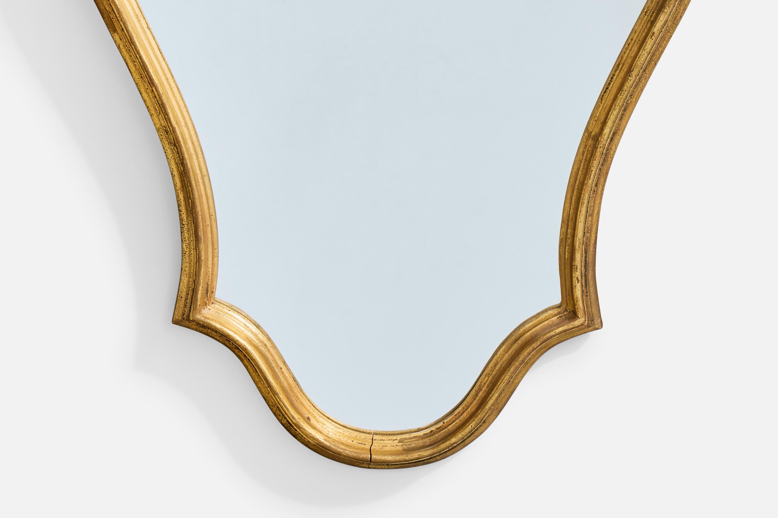 Glass Belgian Designer, Wall Mirror, Wood, Belgium, 1970s For Sale