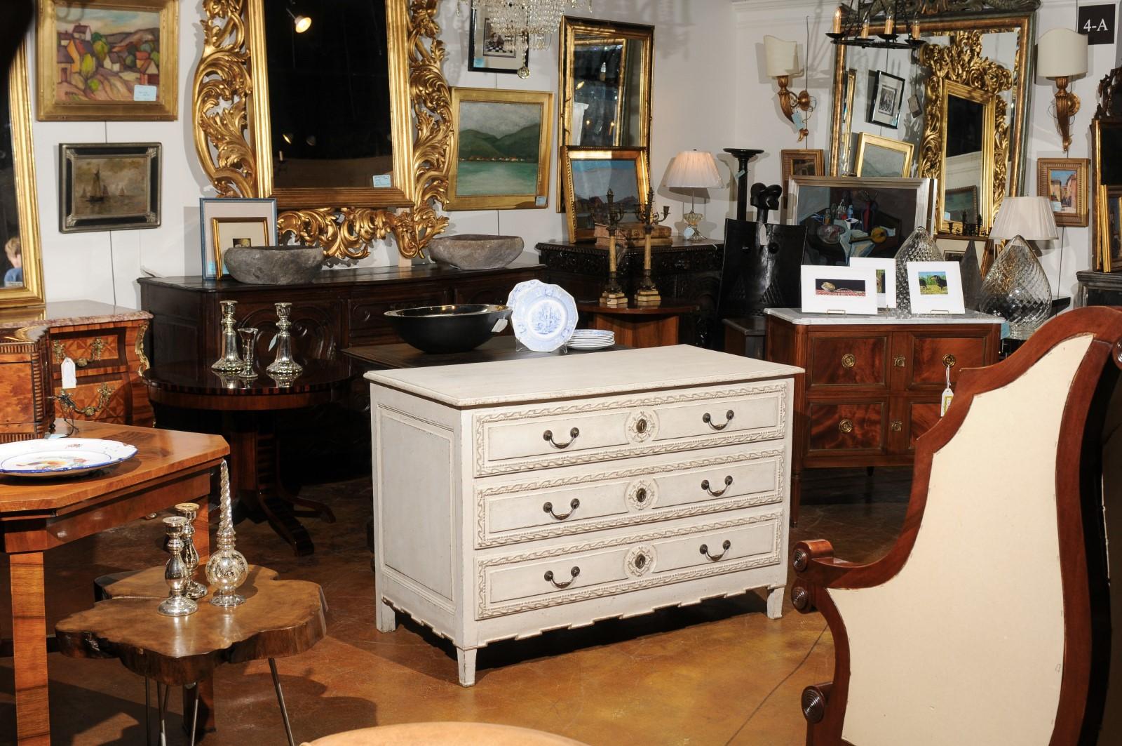 Hand-Painted Belgian Directoire Style Painted Three-Drawer Commode with Wavy Patterns, 1850s