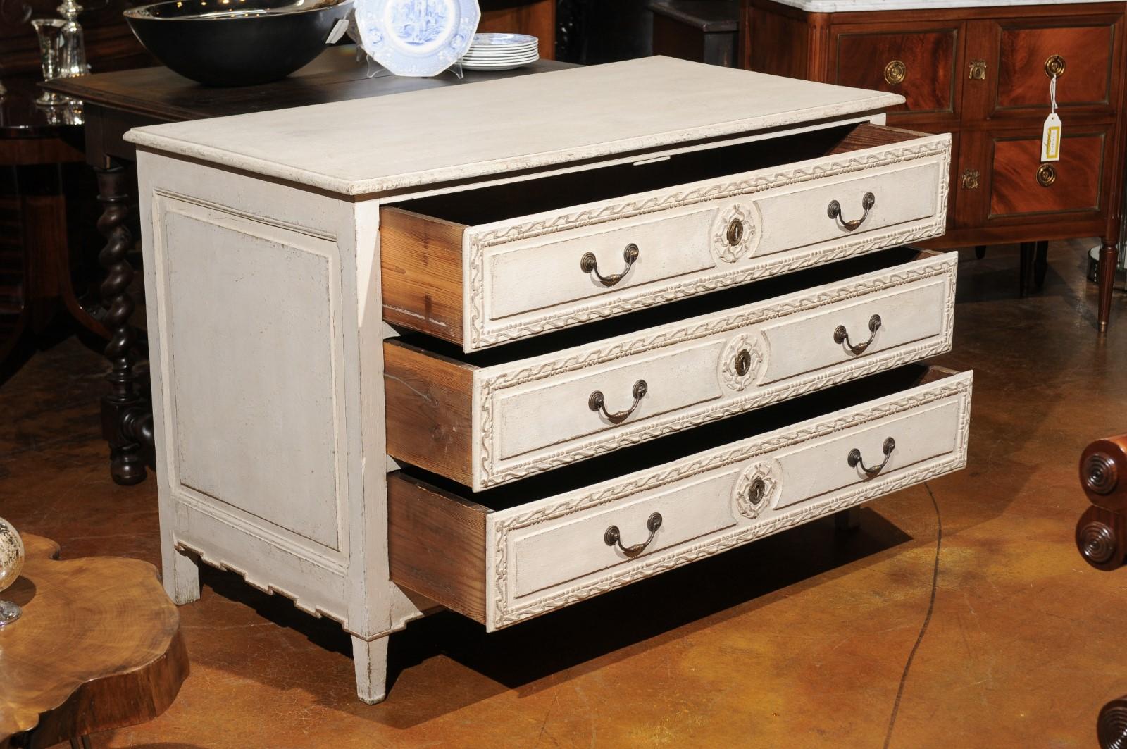 19th Century Belgian Directoire Style Painted Three-Drawer Commode with Wavy Patterns, 1850s