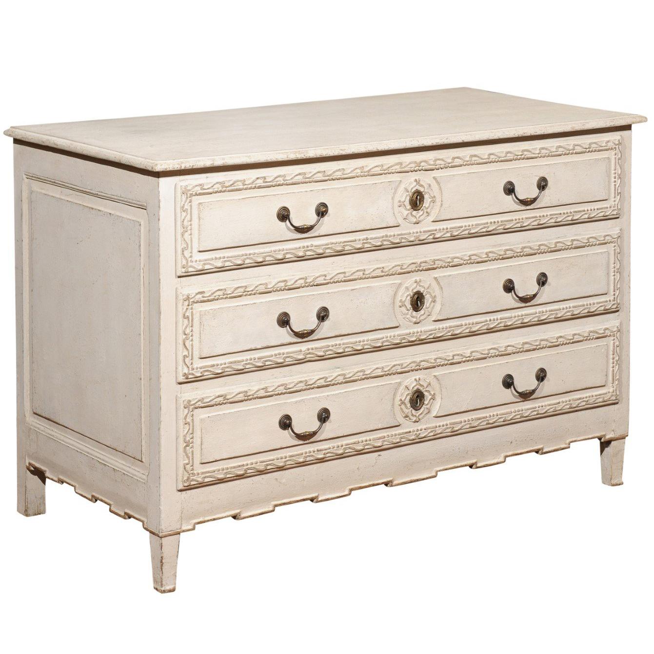 Belgian Directoire Style Painted Three-Drawer Commode with Wavy Patterns, 1850s