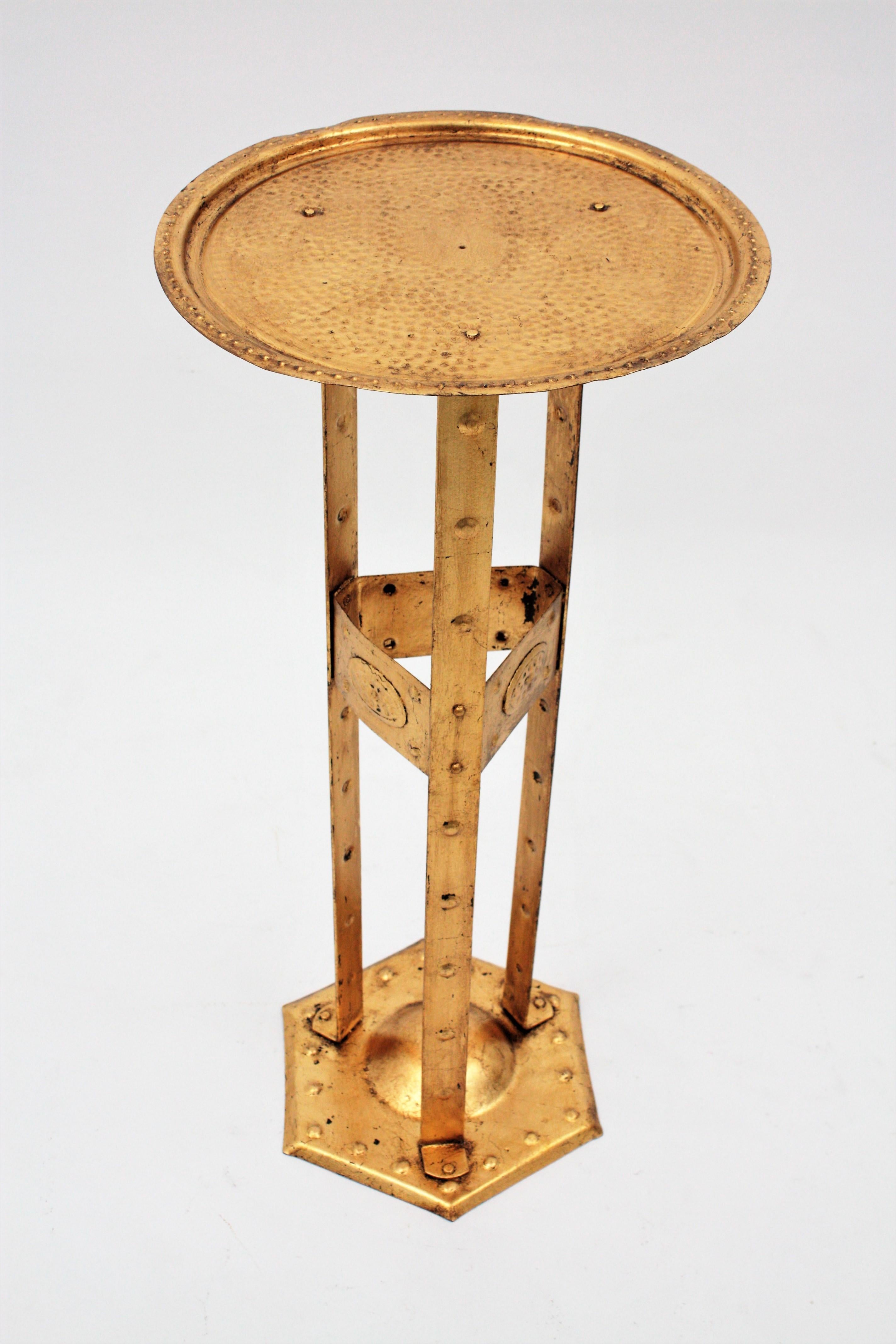Hammered Drinks Table, End or Side Table in Gilt Wrought Iron For Sale