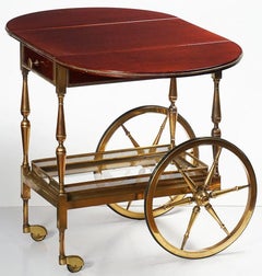 Belgian Drop-Leaf Rolling Drinks Cart of Mahogany and Bronze