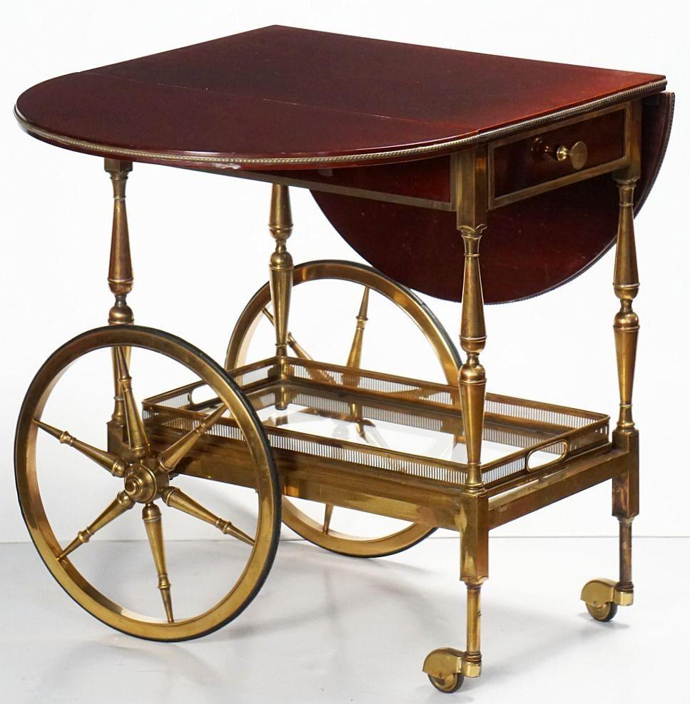 Belgian Drop-Leaf Rolling Drinks Cart of Mahogany and Bronze In Good Condition In Austin, TX