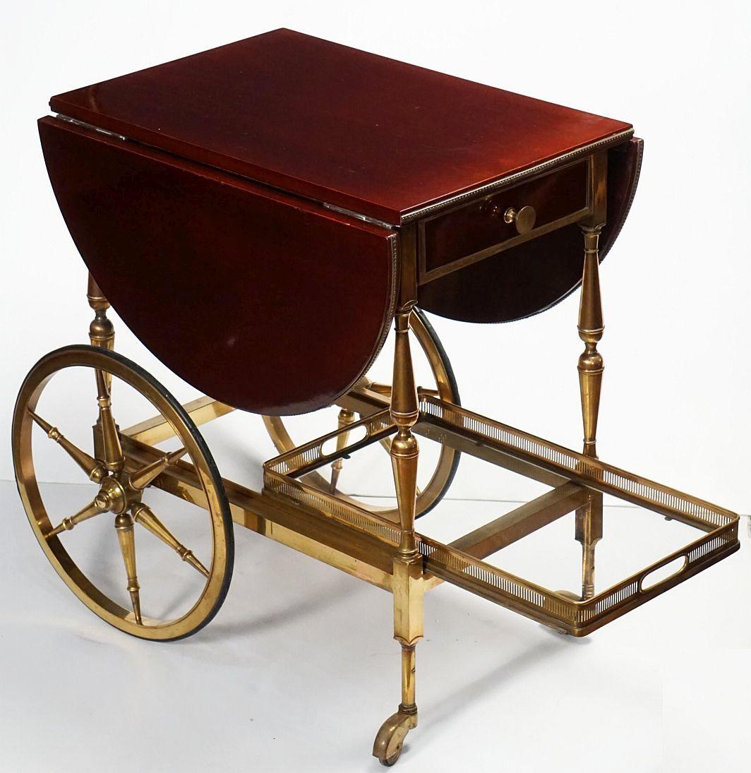 Brass Belgian Drop-Leaf Rolling Drinks Cart of Mahogany and Bronze