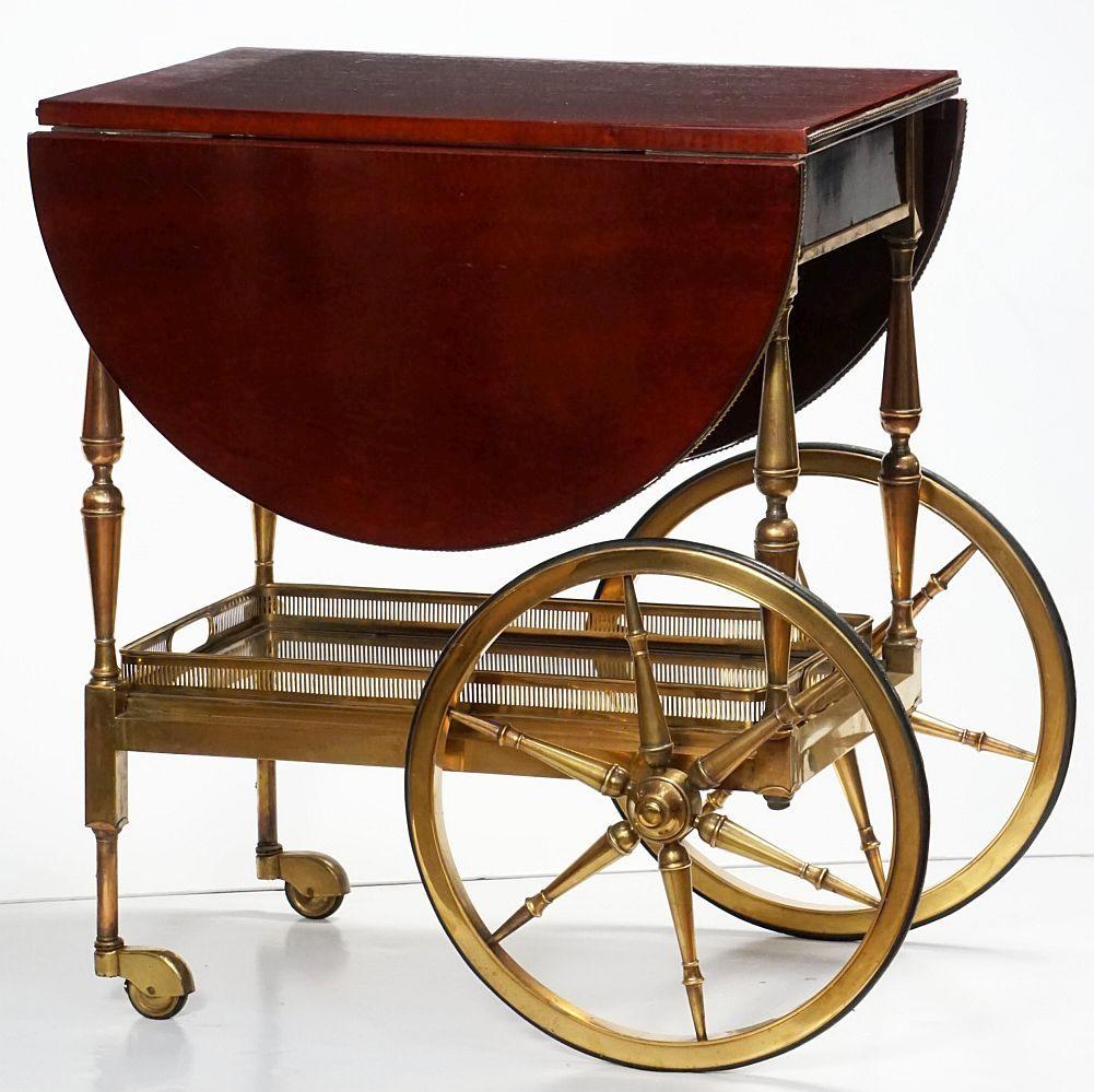 Belgian Drop-Leaf Rolling Drinks Cart of Mahogany and Bronze 3