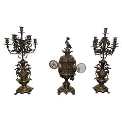 Belgian Empire Gilt Metal Three-Piece Garniture Clock Candelabras Set