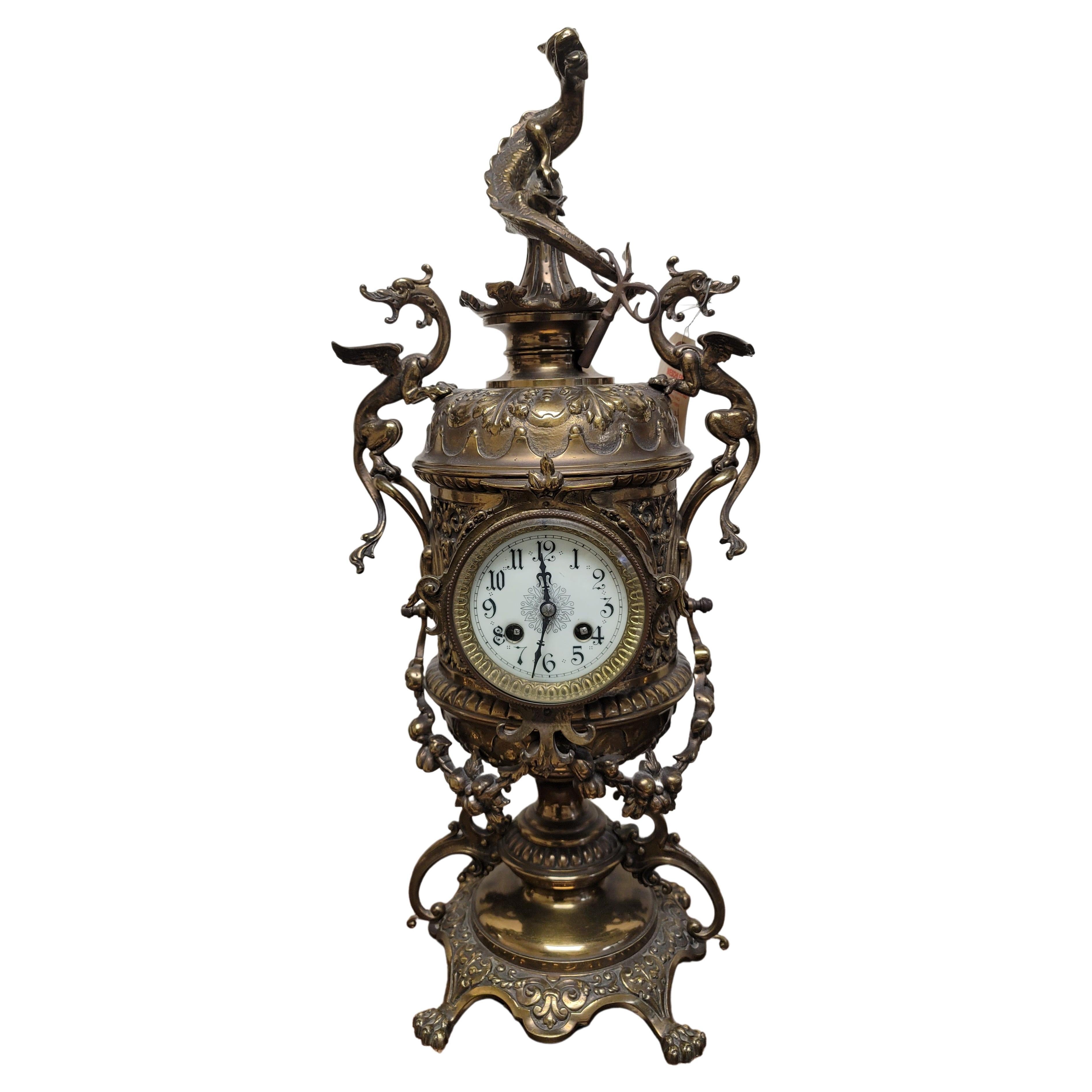 20th Century Belgian Empire Gilt Metal Three-Piece Garniture Clock Candelabras Set For Sale