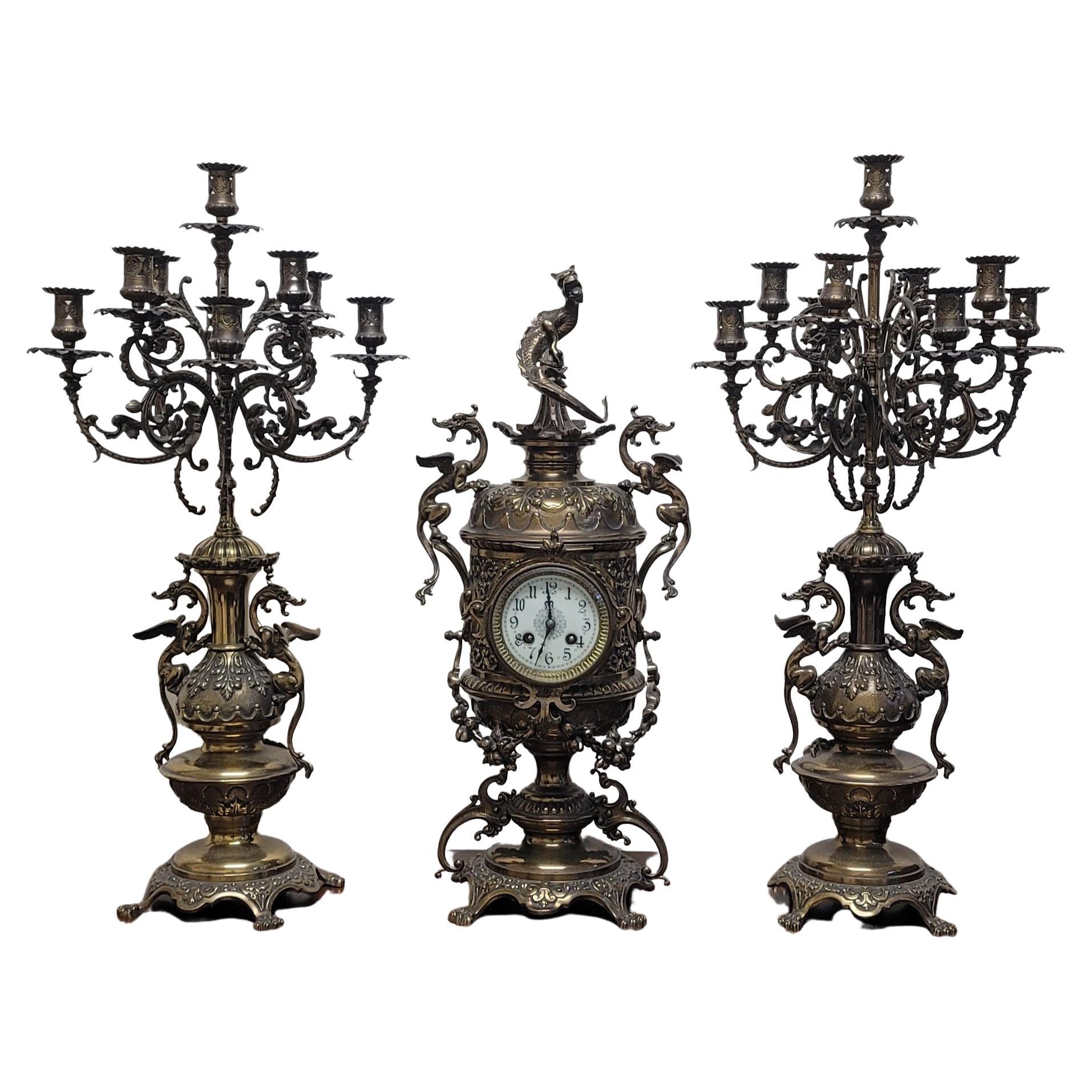 Belgian Empire Gilt Metal Three-Piece Garniture Clock Candelabras Set For Sale