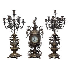 Belgian Empire Gilt Metal Three-Piece Garniture Clock Candelabras Set