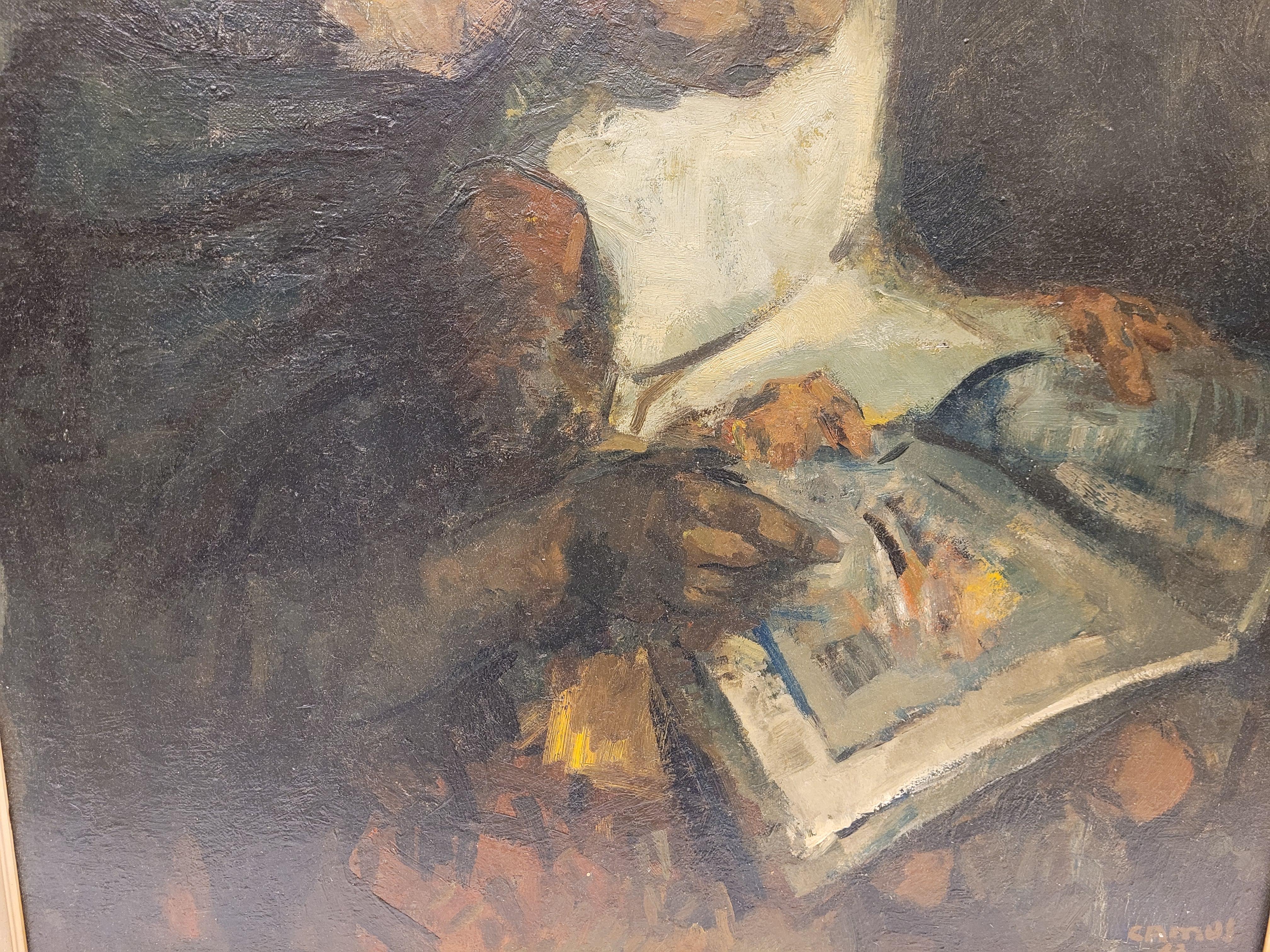 Belgian expressionist painting “Teaching to read”, Gustave Camus, 43 signed For Sale 3