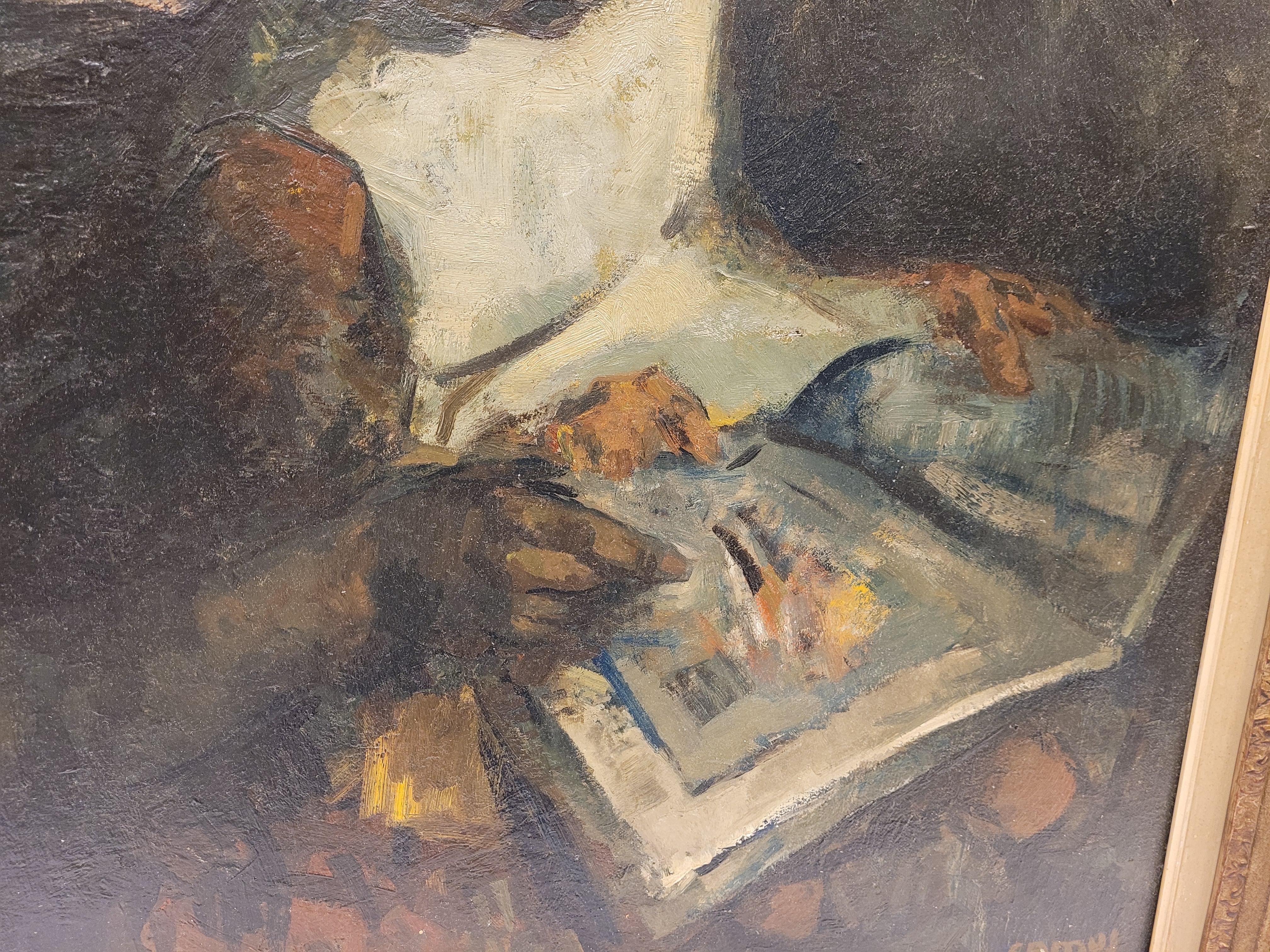 Peinture expressionniste belge Enseignant à lire, Gustave Camus, 43 signé 6