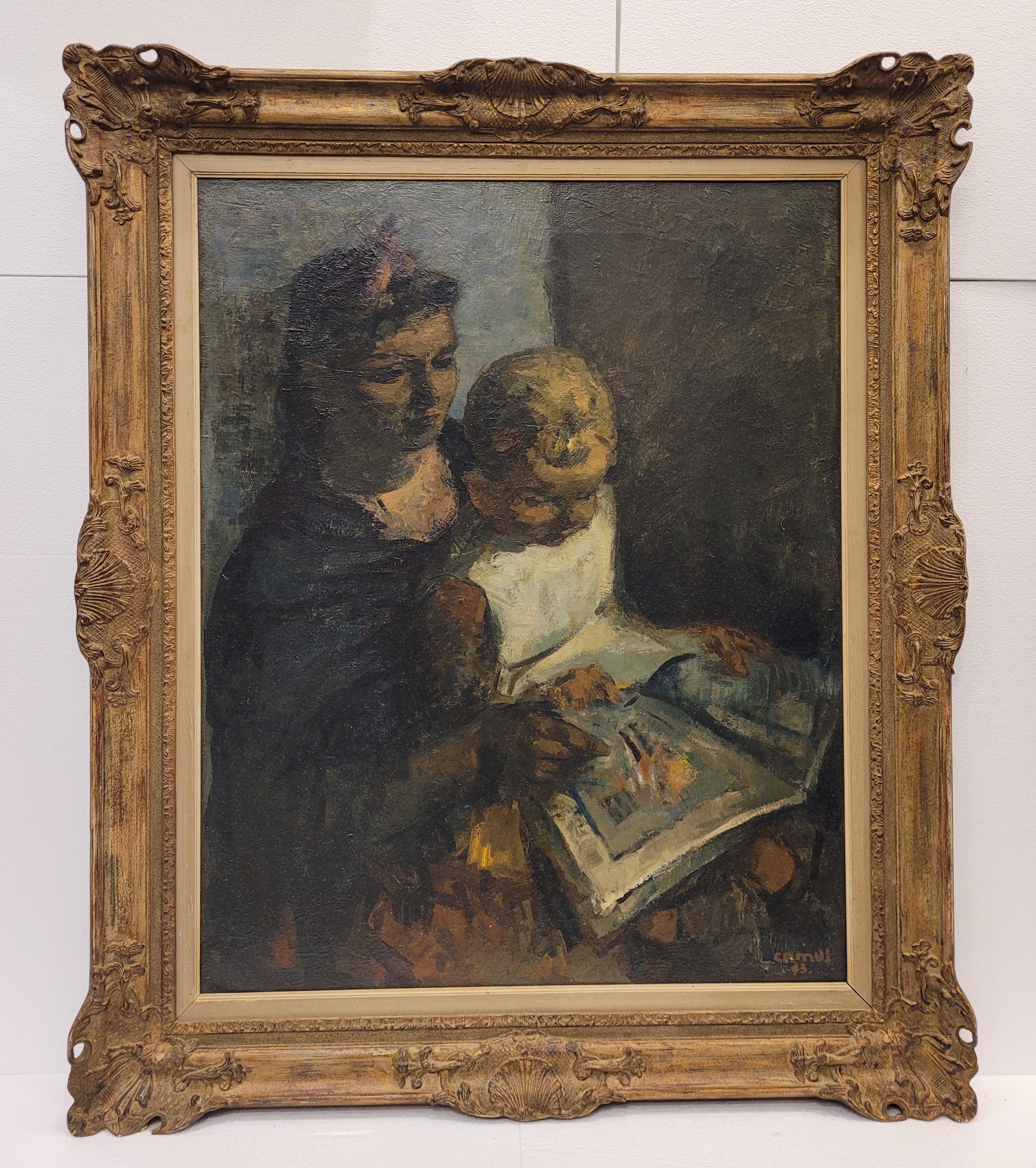 Belgian expressionist painting “Teaching to read”, Gustave Camus, 43 signed For Sale 11